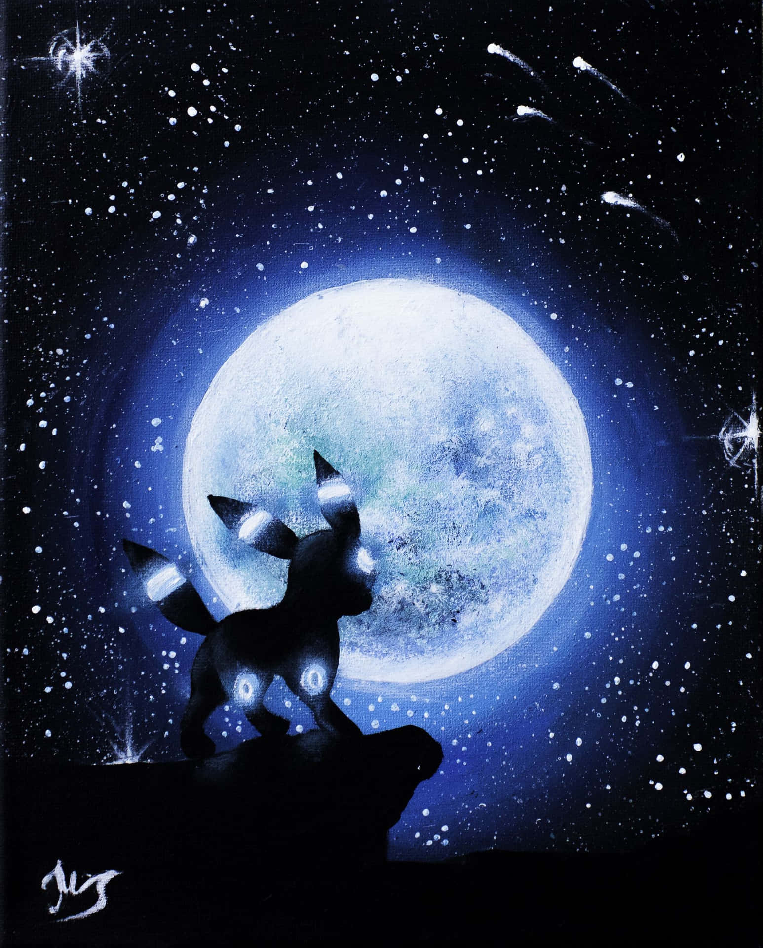 一個發光的寶可夢剪影，背景是繁星點點的夜空和一輪明月。 — 伊布 GIF 壁紙
