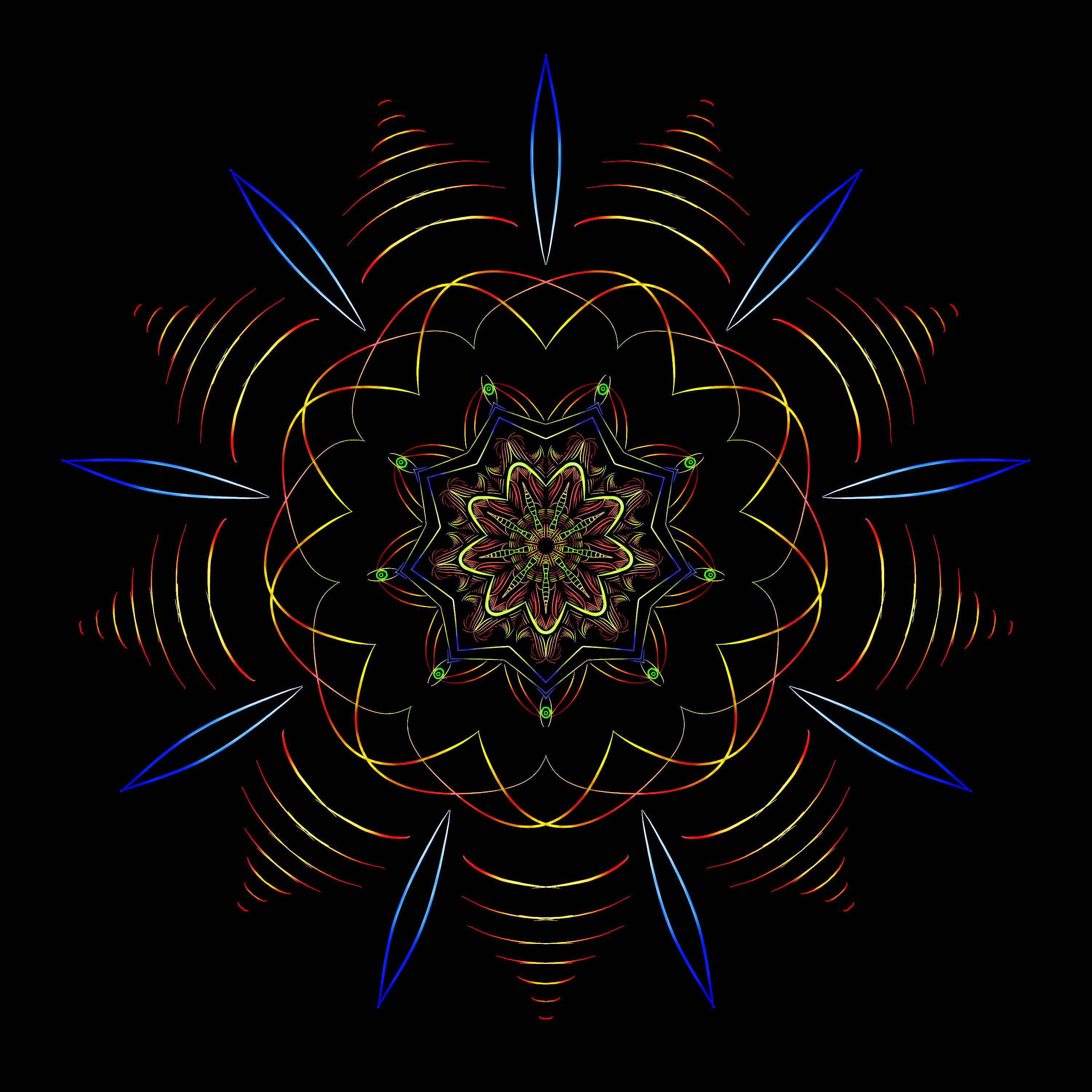 曼陀羅 桌布 壁紙 — 一個發光的對稱曼陀羅，帶有發光霓虹線條和星爆圖案，背景為黑色。