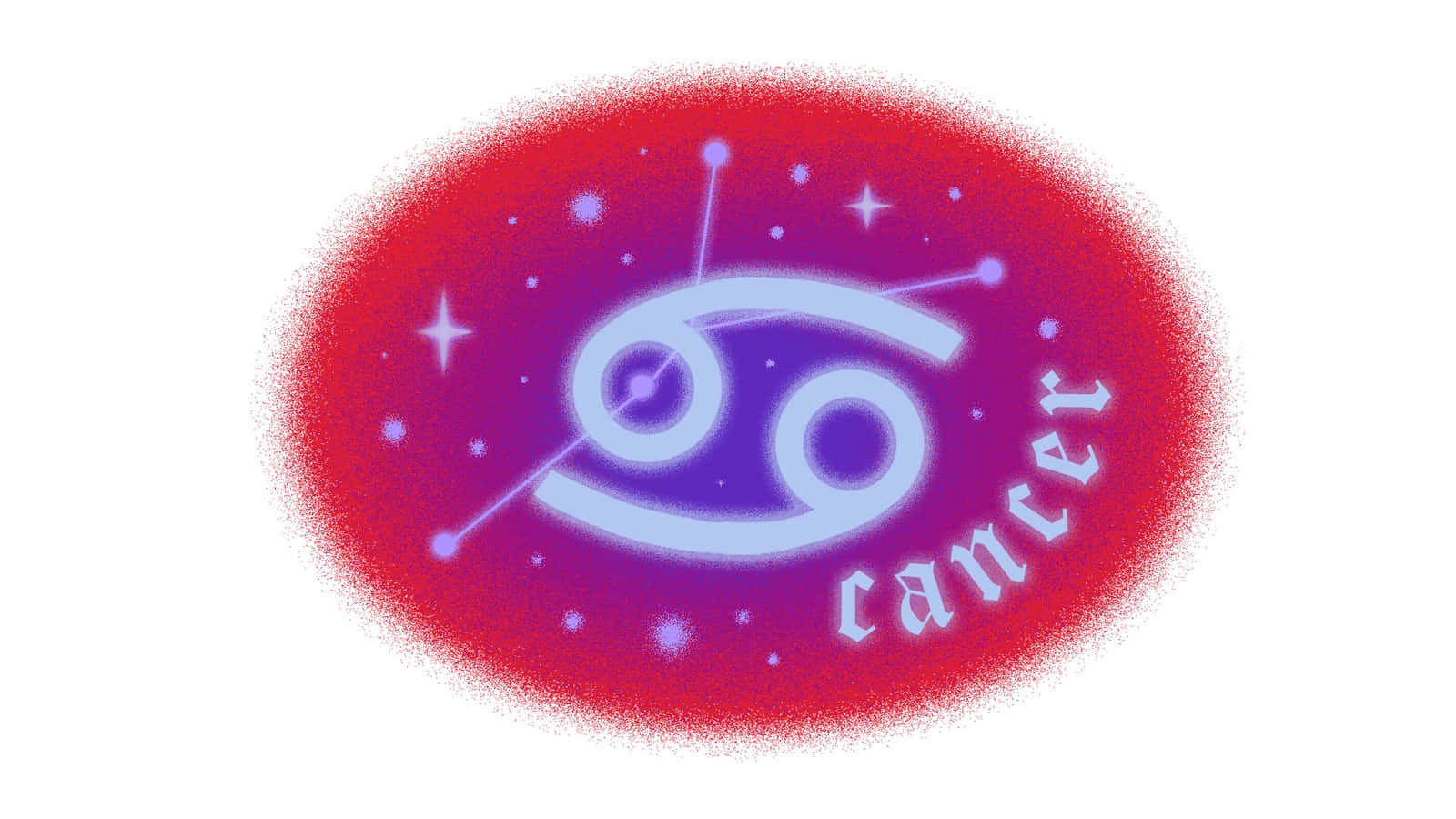 Cancer Zodiac Sign 桌布 壁紙 — 一個發光的巨蟹座符號，淺藍色，置於充滿活力的紅紫漸變背景上，並有閃爍的星星。