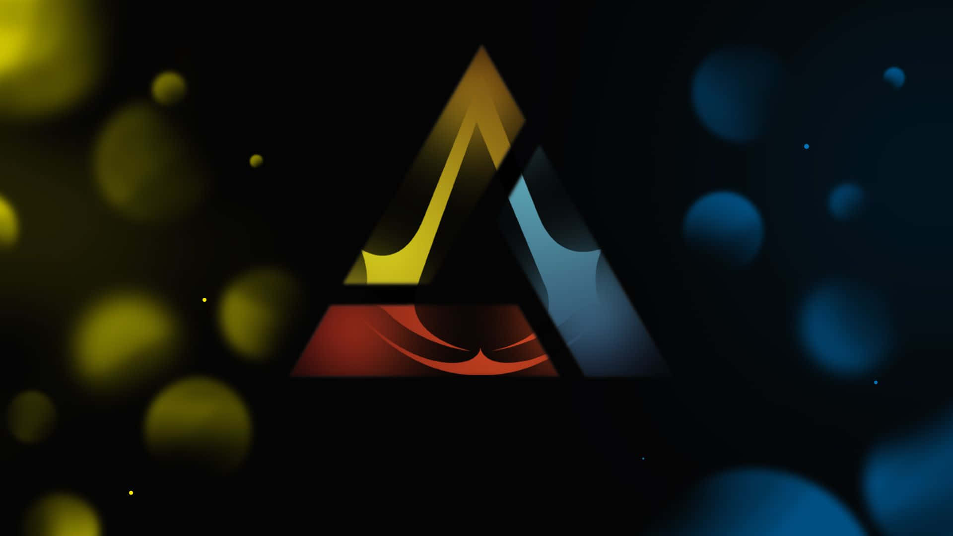 Abstergo 桌布 壁紙 — 一個發光的幾何三角形，帶有黃色、紅色和藍色漸變，置於帶有散景燈光的深色背景上。