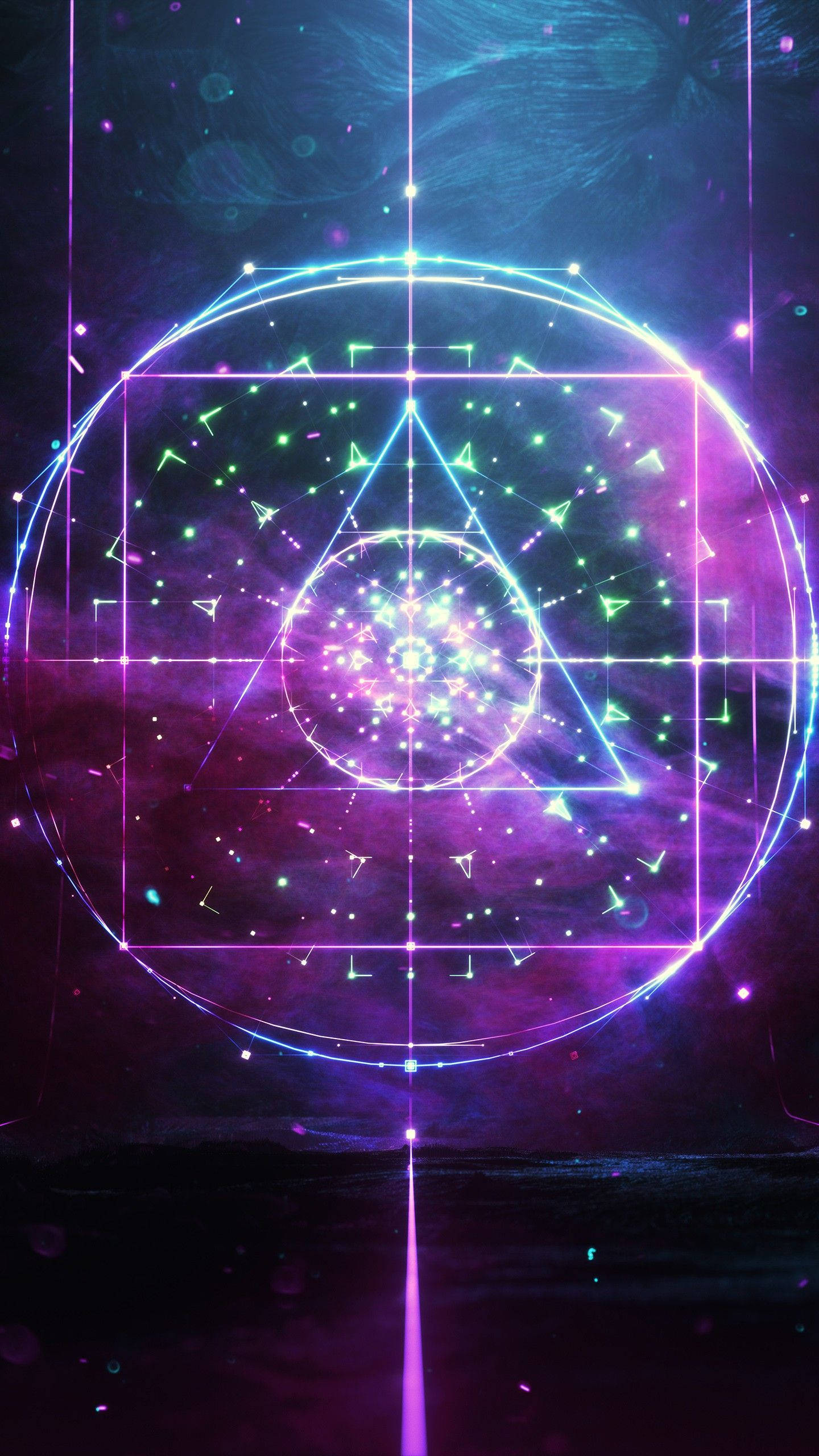 手機 桌布 壁紙 — 一個發光的幾何傳送門，帶有霓虹線條和星爆，在宇宙紫色和藍色星雲中脈動。