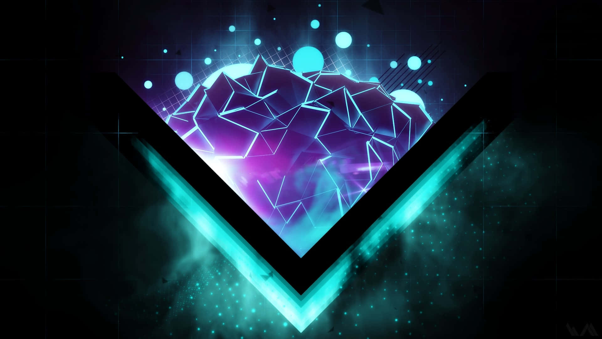Colorful Gaming 桌布 壁紙 — 一個發光的幾何山峰，被霓虹V形框住，背景是黑暗的宇宙空間，漂浮著球體。