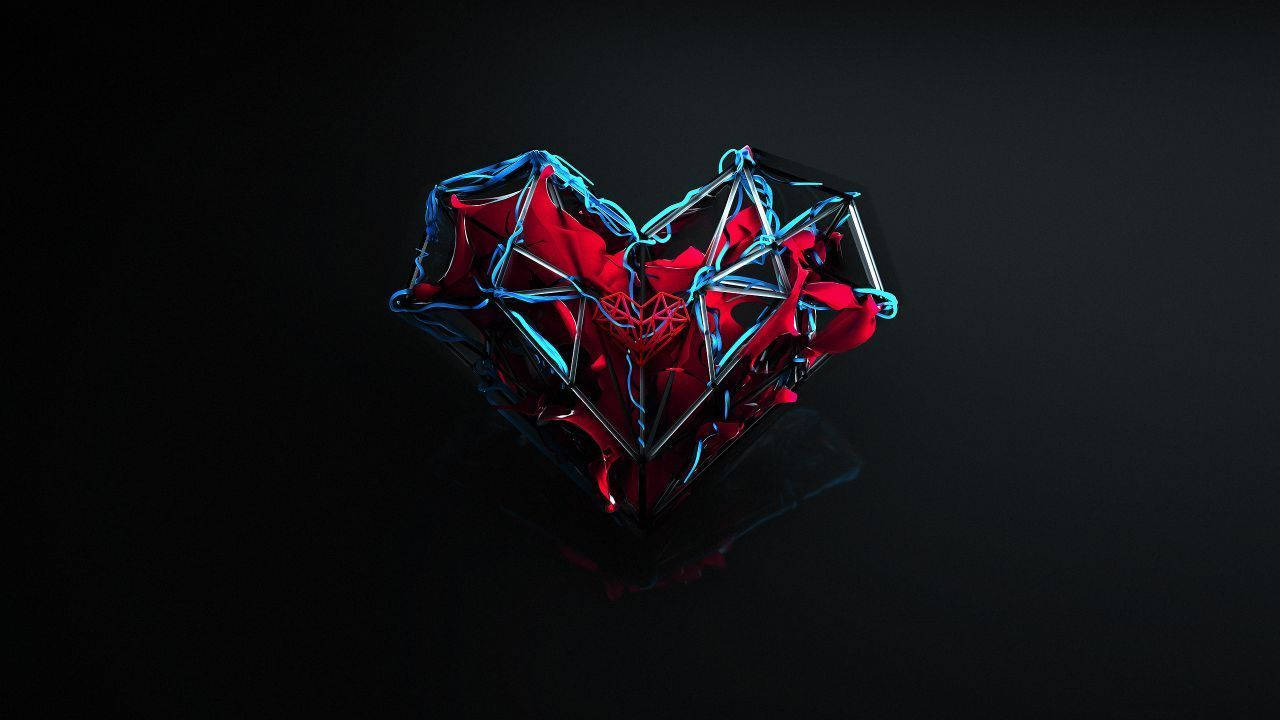 Dark Heart 桌布 壁紙 — 一個發光的幾何心形，帶有紅色和藍色霓虹邊緣，漂浮在深色背景上。