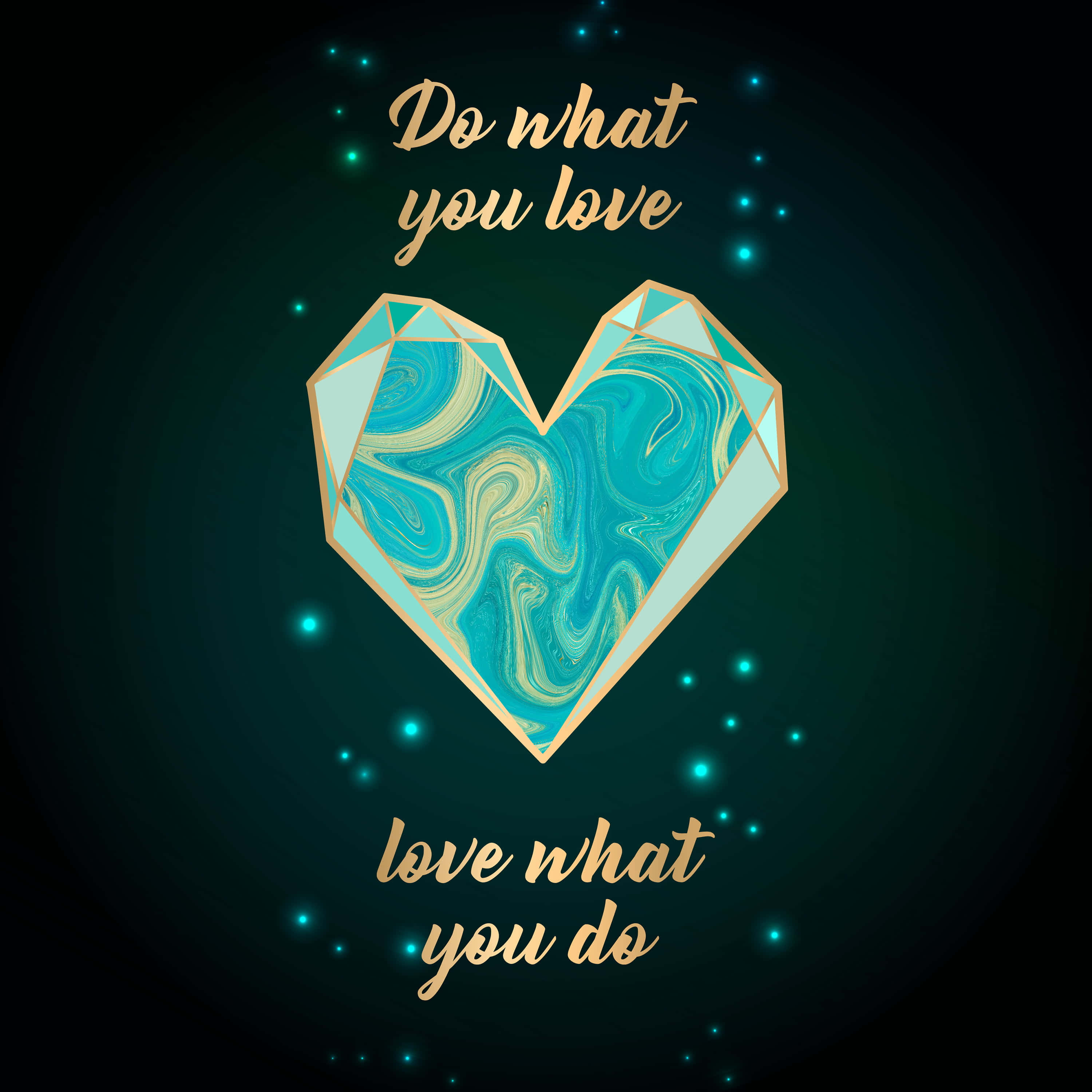 Inspirational Quotes 桌布 壁紙 — 一個發光的幾何心形，帶有藍綠色漩渦和金色輪廓，漂浮在深藍綠色星空背景上，並帶有勵志文字。