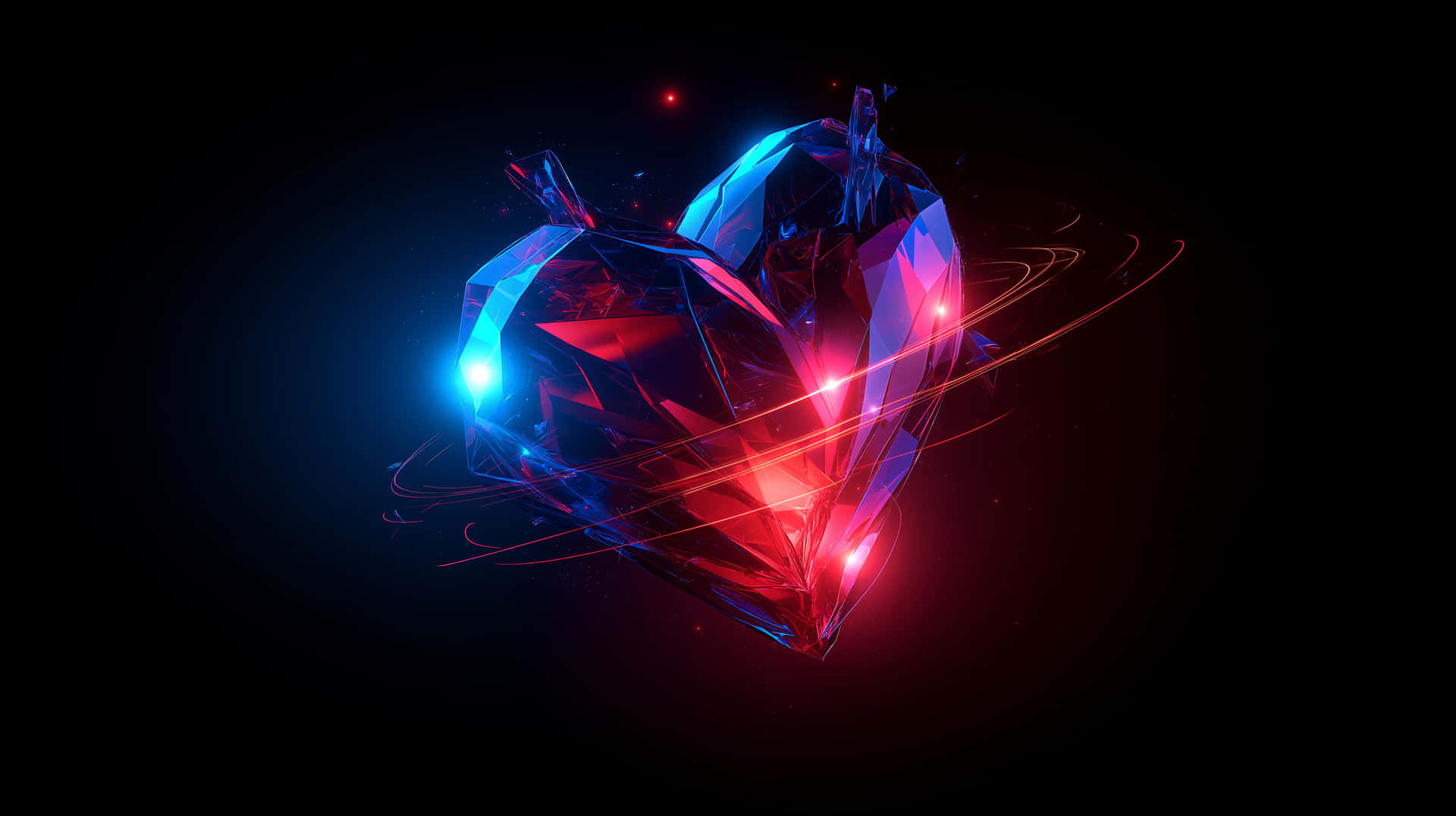 A glowing crystal heart floating in darkness 壁紙 — 一個發光的幾何心形，帶有藍色和紅色霓虹燈，在黑暗背景上脈動，伴有旋轉的光跡。