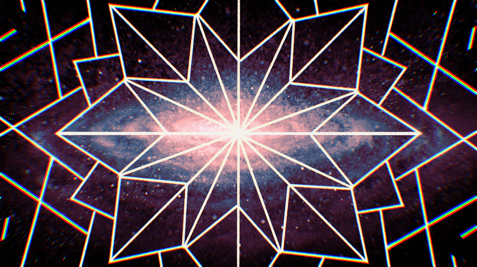 霓虹幾何星爆在宇宙星雲背景上發光。