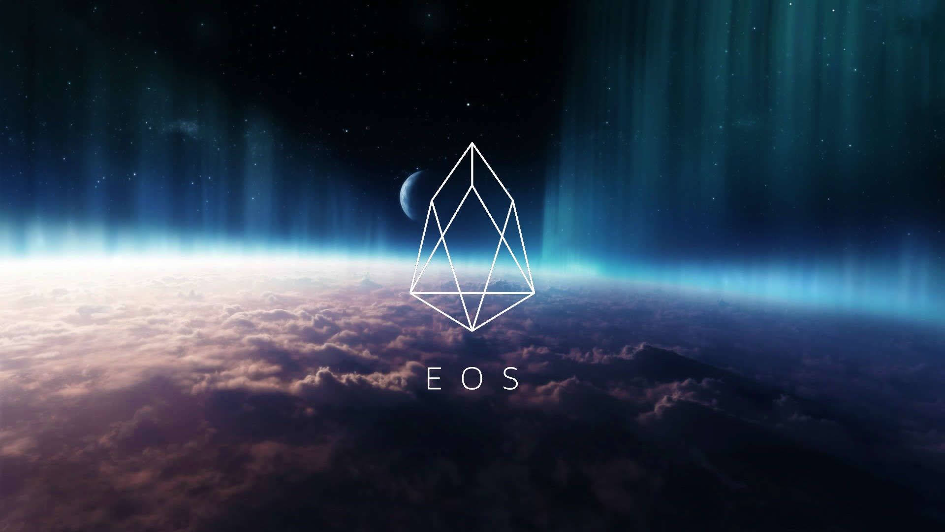 Blockchain 桌布 壁紙 — 一個發光的幾何標誌懸浮在旋轉的雲層之上，下方是帶有極光和彎月的星空。