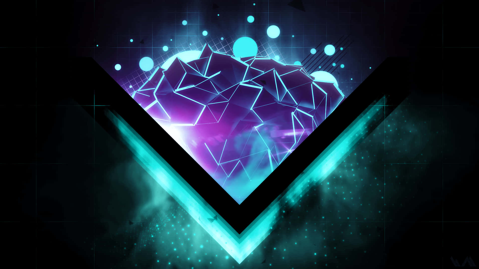 Minimalist HD Geometric Desktop 桌布 壁紙 — 一個發光的幾何水晶心臟在黑暗的數位背景中，於尖銳的V形框架內閃爍著霓虹藍和紫色的光芒。