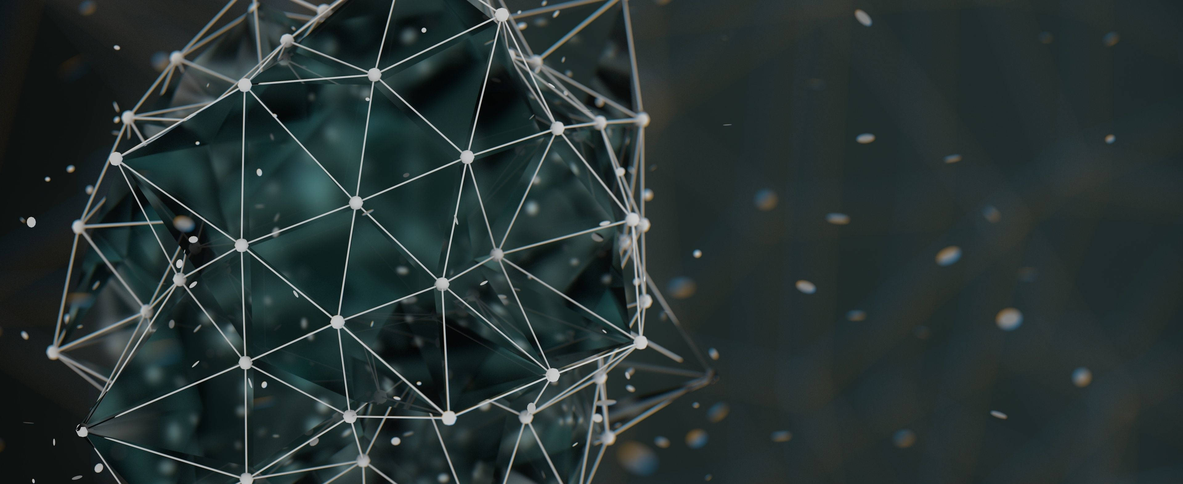3840x1600 桌布 壁紙 — 一個發光的幾何球體，帶有白色線條和圓點，漂浮在帶有浮動粒子的深色紋理背景上。