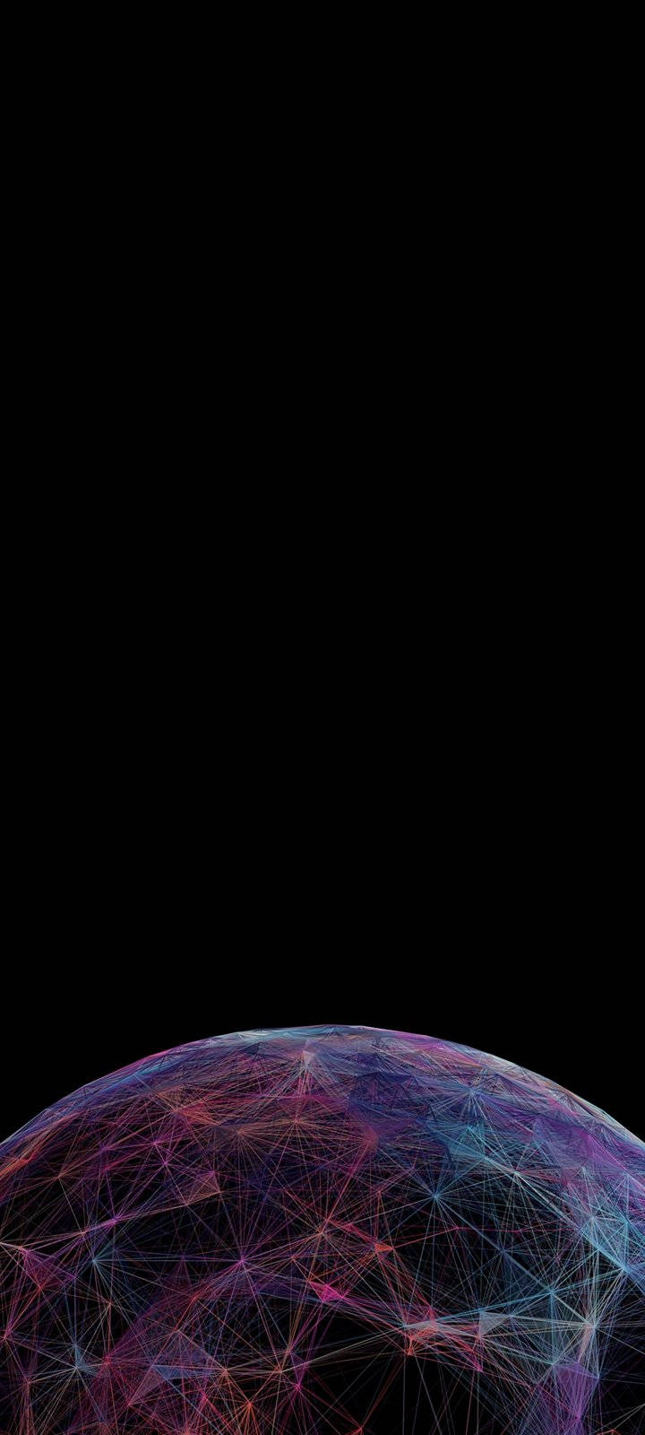 Cool Android 桌布 壁紙 — 一個發光的幾何球體，帶有螢光粉紅、藍色和紫色線條，漂浮在黑色虛空中。