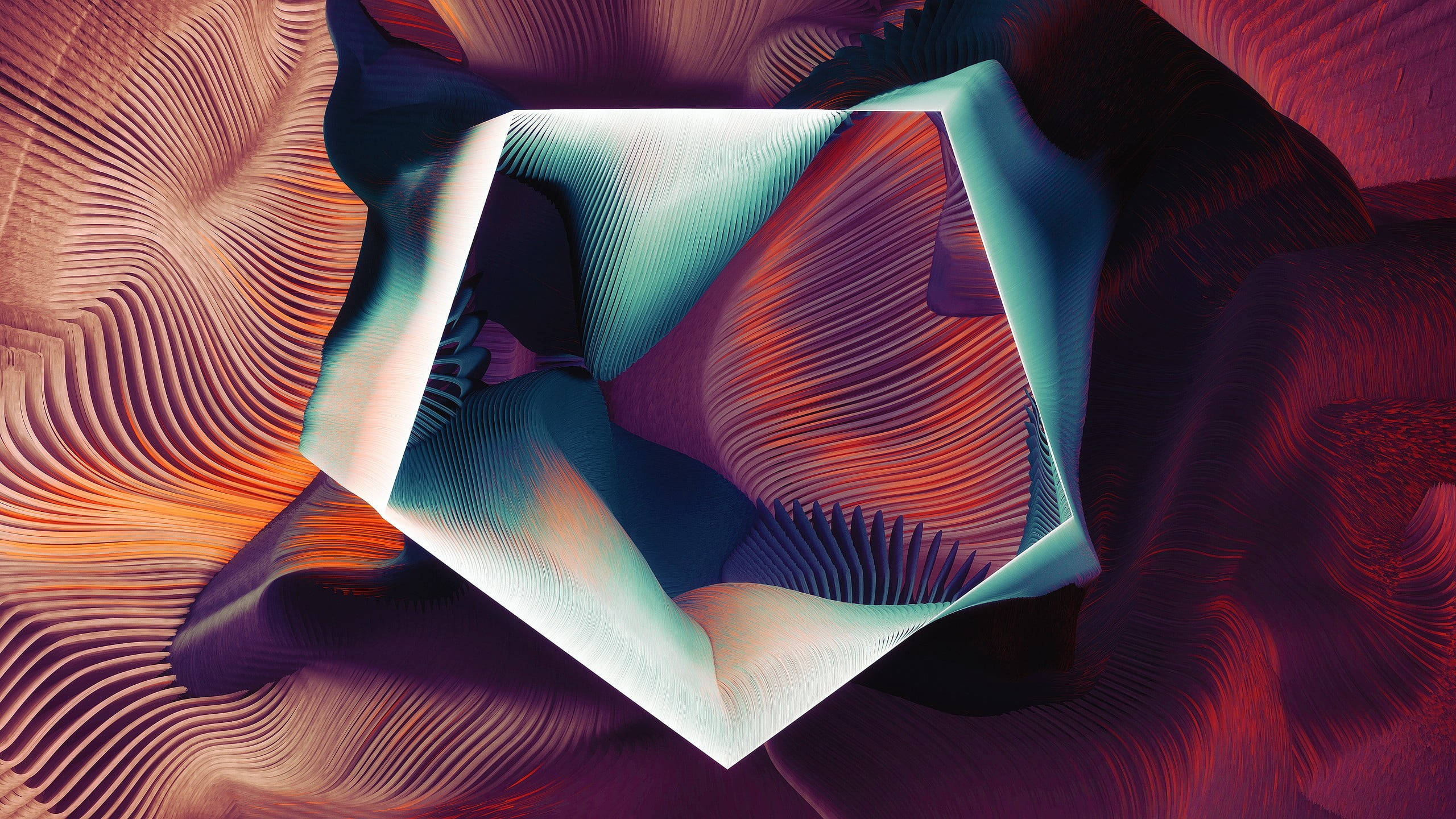 抽象 桌布 壁紙 — 一個發光的幾何稜鏡漂浮在青綠色、橙色和深紫色的漩渦抽象波浪中。