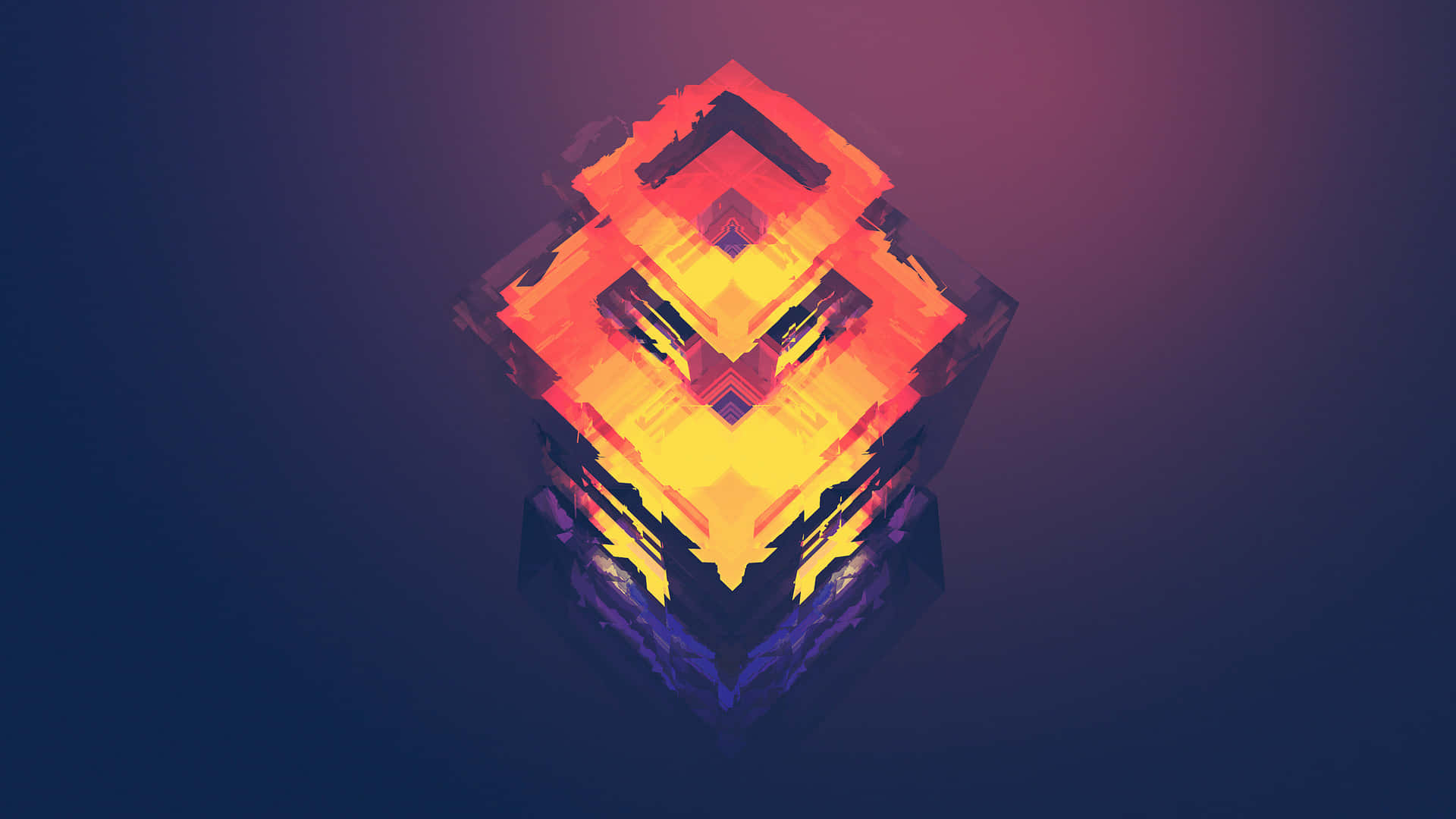 isometric 桌布 壁紙 — 一個發光的幾何立方體，帶有火熱的橙色和黃色切面，在深紫色漸變背景上放射光芒。