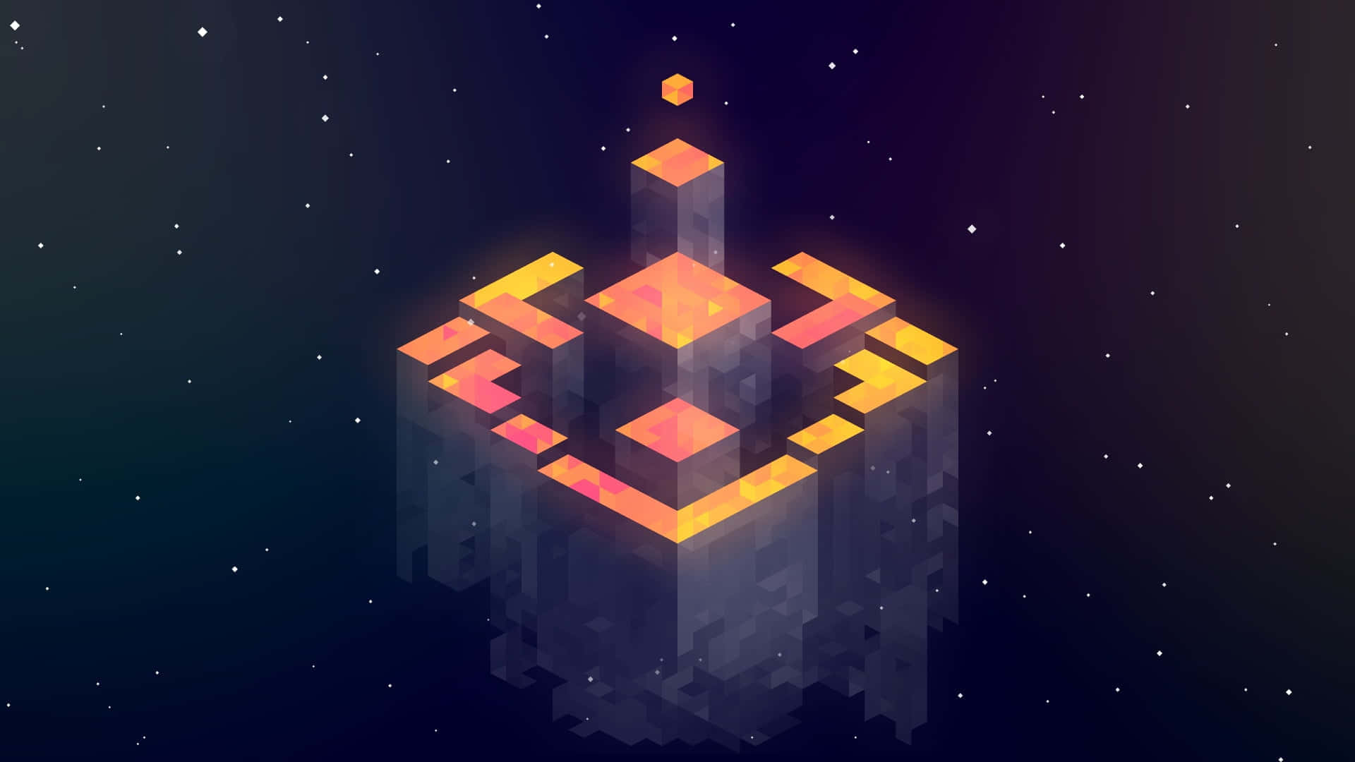 Gray And Yellow 桌布 壁紙 — 一個發光的幾何立方體結構漂浮在繁星點點的宇宙虛空中，帶有溫暖的橙色和黃色亮點，襯托著深藍色的太空。