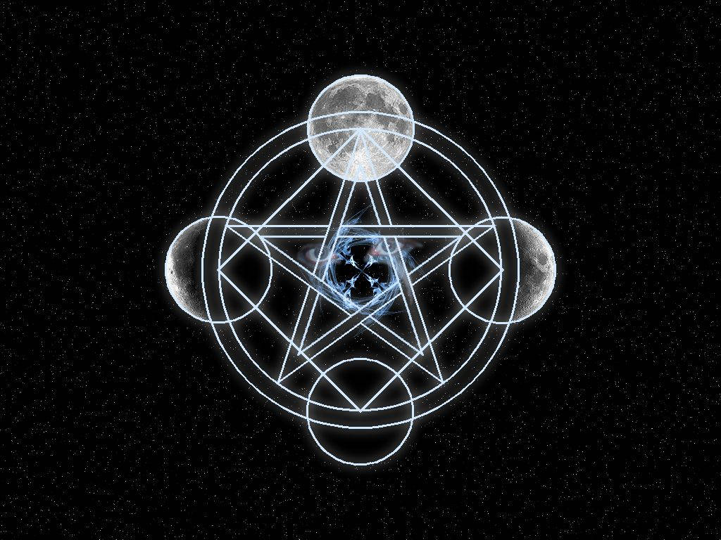 Pentagram 桌布 壁紙 — 一個發光的幾何符號，帶有月亮和中央漩渦，漂浮在繁星點點的夜空上。