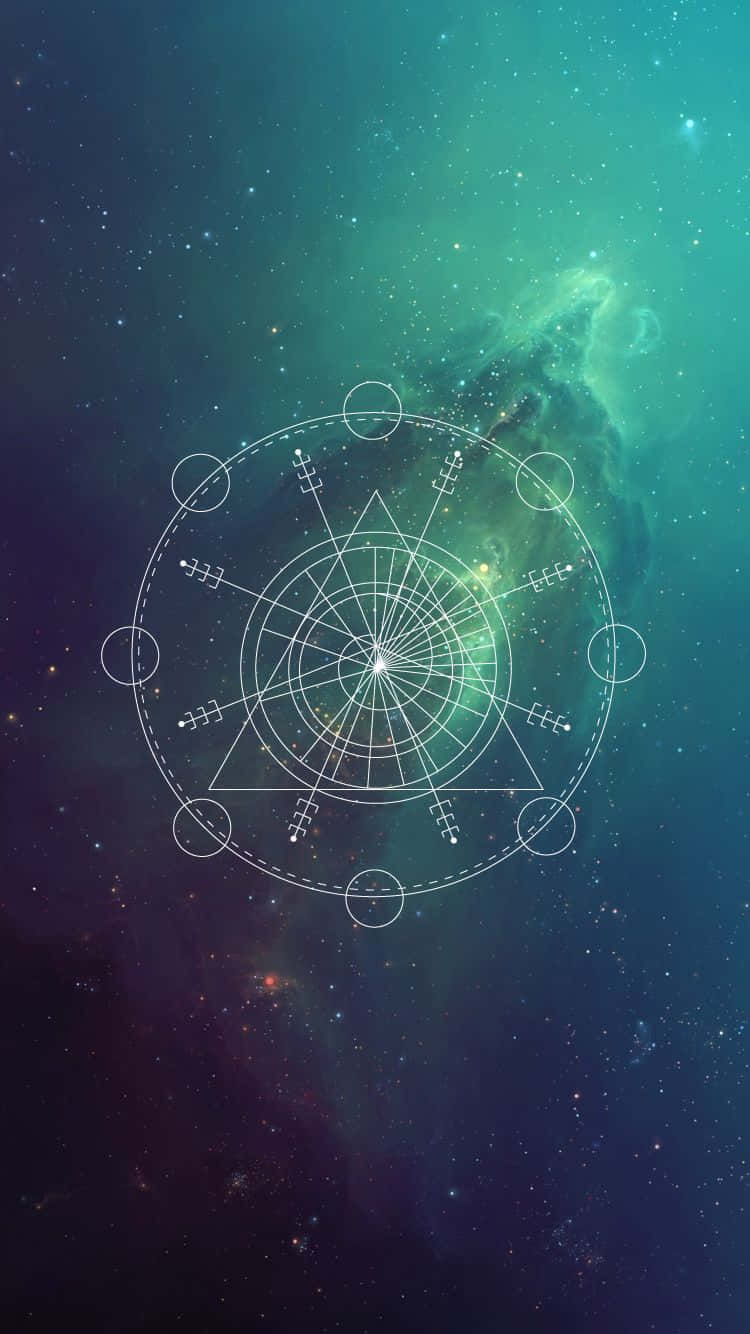 sacred 桌布 壁紙 — 一個發光的幾何符號漂浮在宇宙星雲中，周圍有旋轉的藍綠色和紫色氣體以及遙遠的星星。