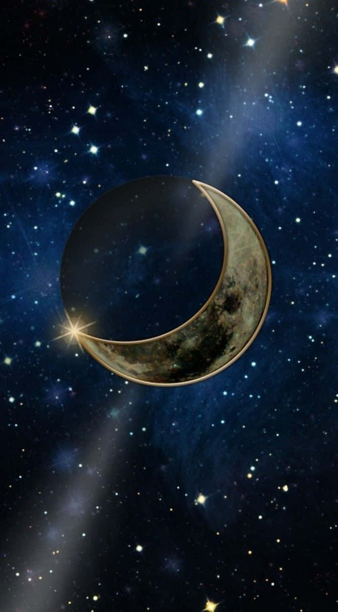 Moon And Stars iPhone 桌布 壁紙 — 一個發光的彎月，帶有紋理表面，在繁星點點的宇宙背景和光芒四射的星雲中寧靜地漂浮。
