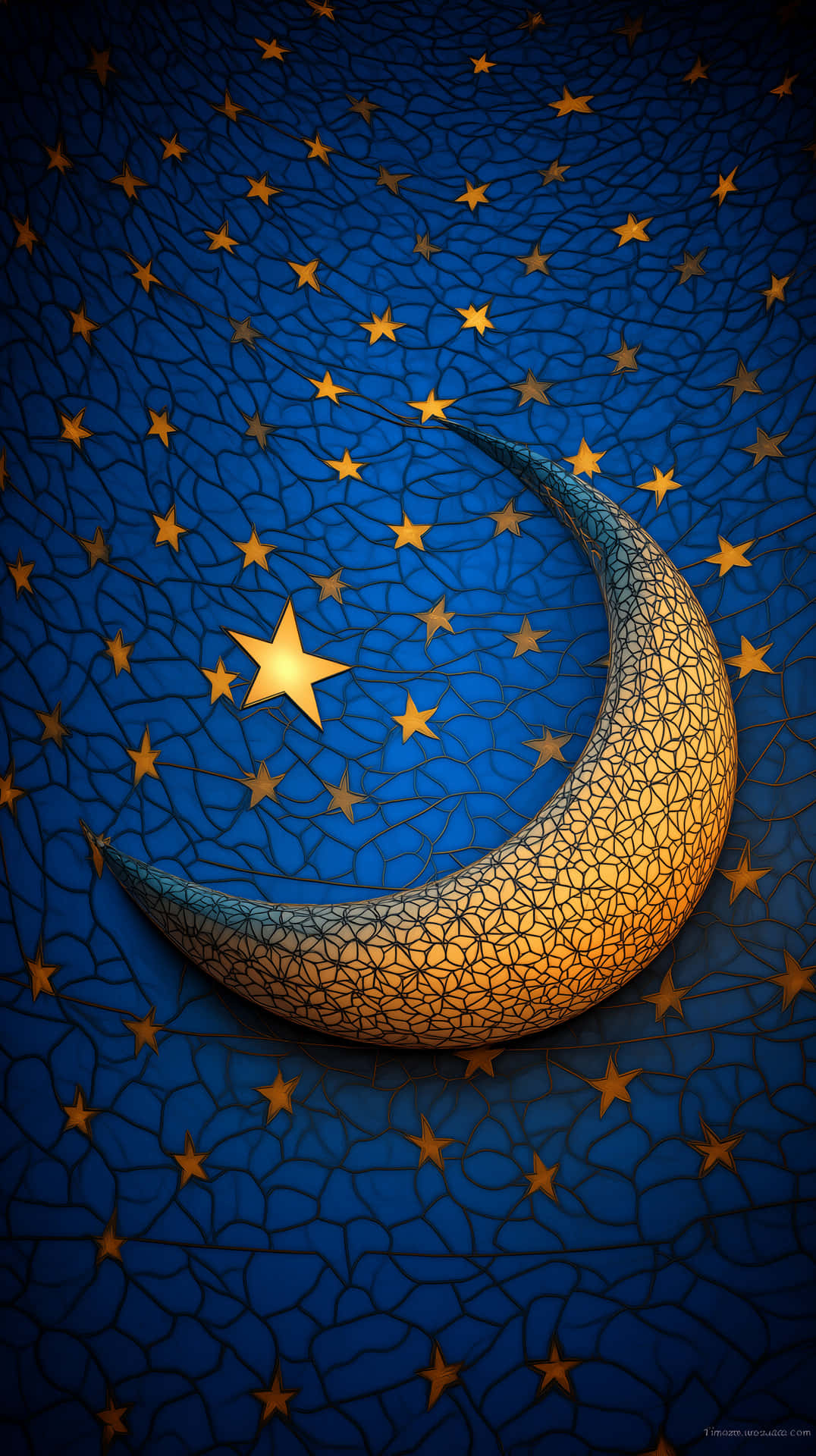 Whimsical Stained Glass Moon and Stars on Blue Background 壁紙 — 一個發光的彎月帶有複雜的幾何圖案，在深藍色裂紋的天空中繞著金色星星運行。