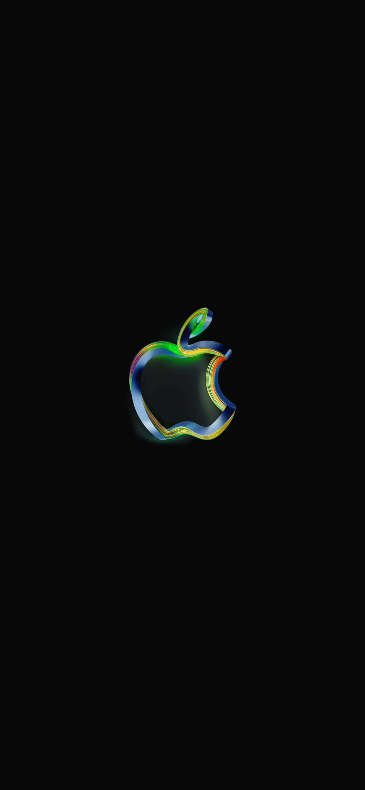 iPhone X Apple Logo 桌布 壁紙 — 一個發光的彩虹Apple標誌，居中在純黑色背景上，帶有光滑的數位光澤。
