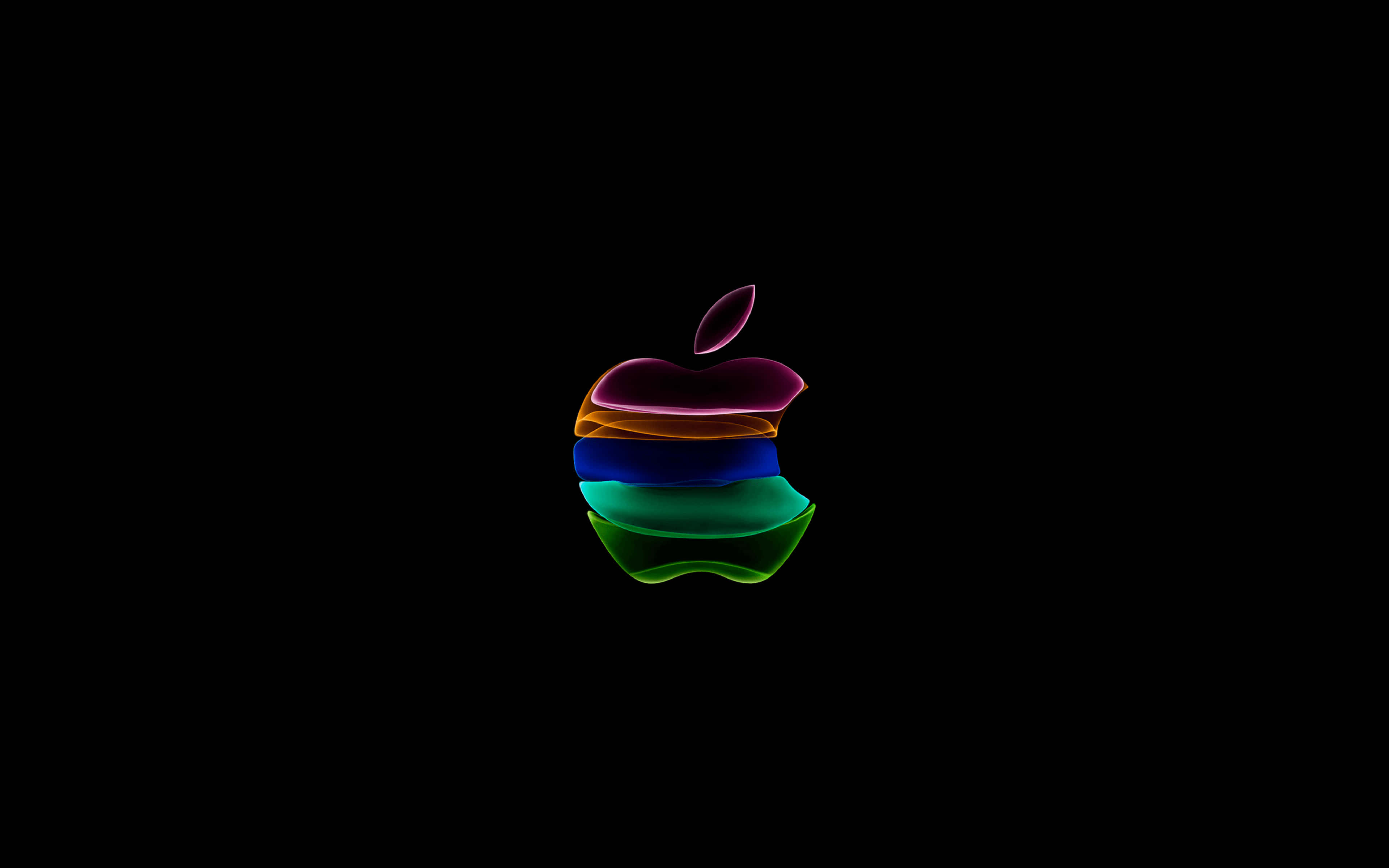 蘋果標誌 桌布 壁紙 — 一個發光的彩虹Apple標誌在純黑色背景上漂浮，帶有鮮豔的霓虹色調。