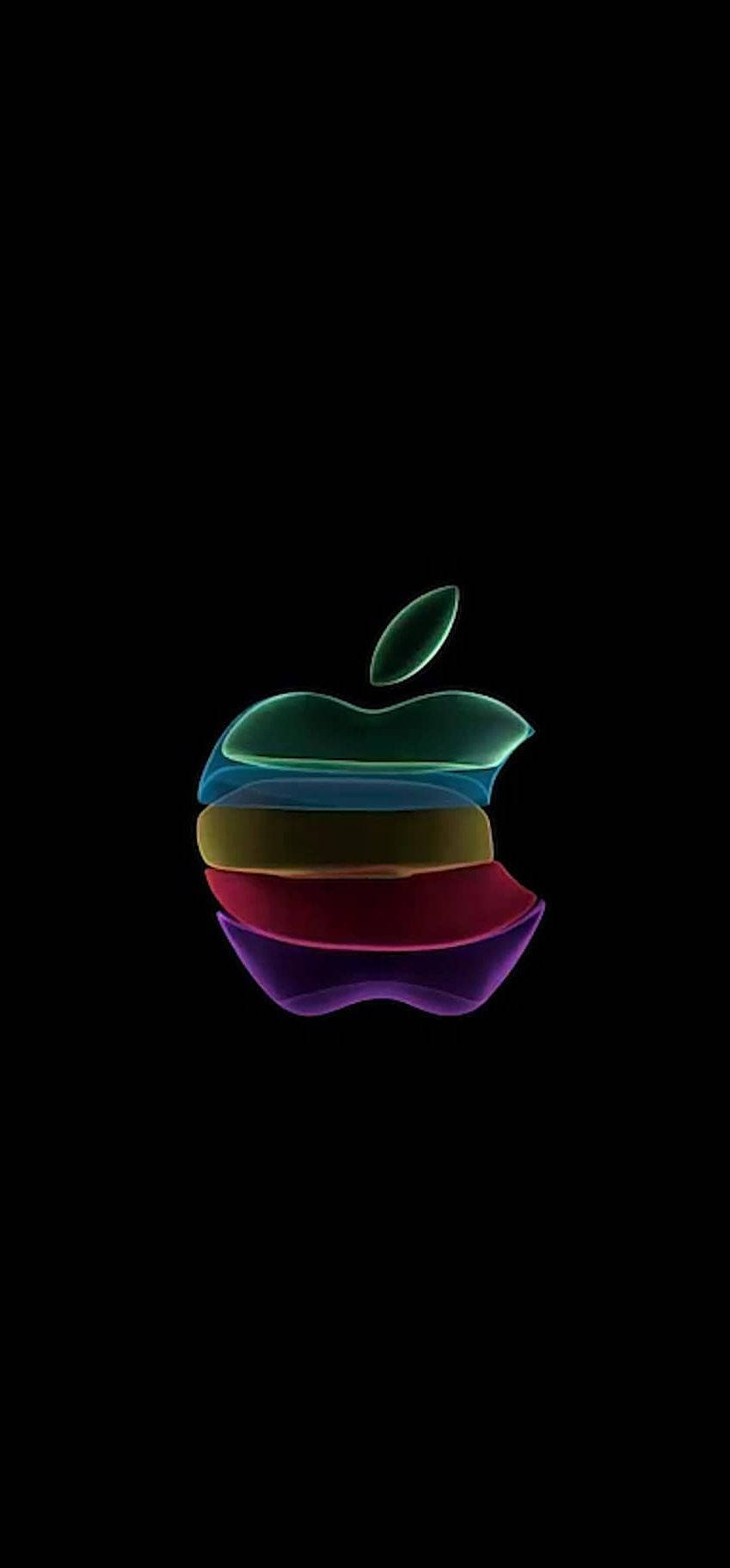 iOS 11 桌布 壁紙 — 一個發光的彩虹Apple標誌漂浮在純黑色背景上，帶有柔和的霓虹邊緣。