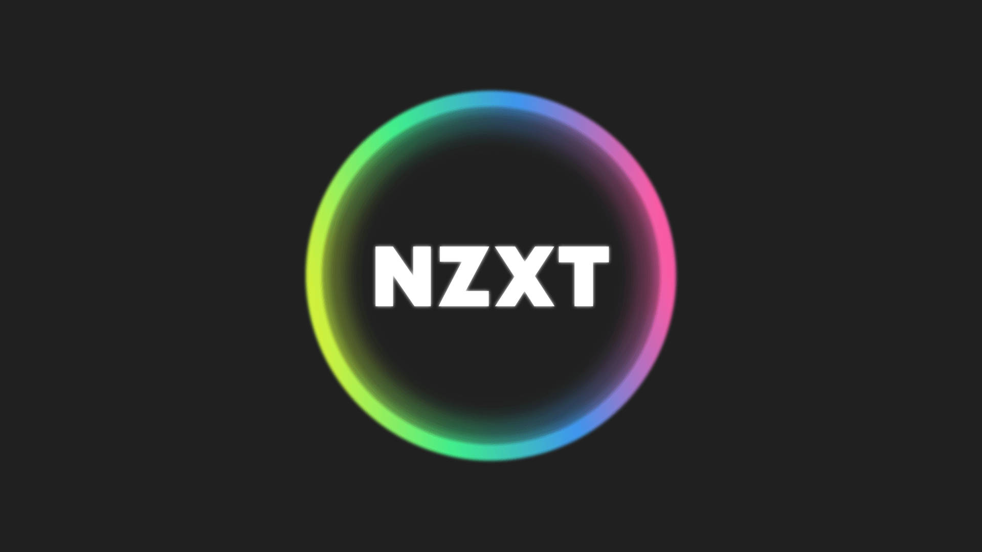 Rgb 桌布 壁紙 — 一個發光的彩虹圓圈，白色文字 NZXT 居中在黑色背景上。