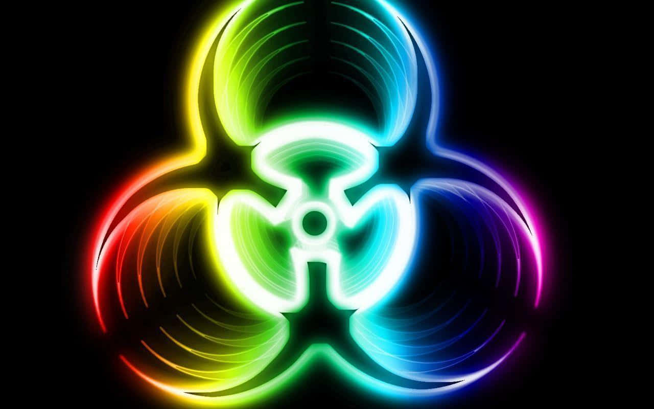 Beautiful Neon 桌布 壁紙 — 一個發光的彩虹生物危害標誌在黑色背景上散發出鮮豔的霓虹色彩。