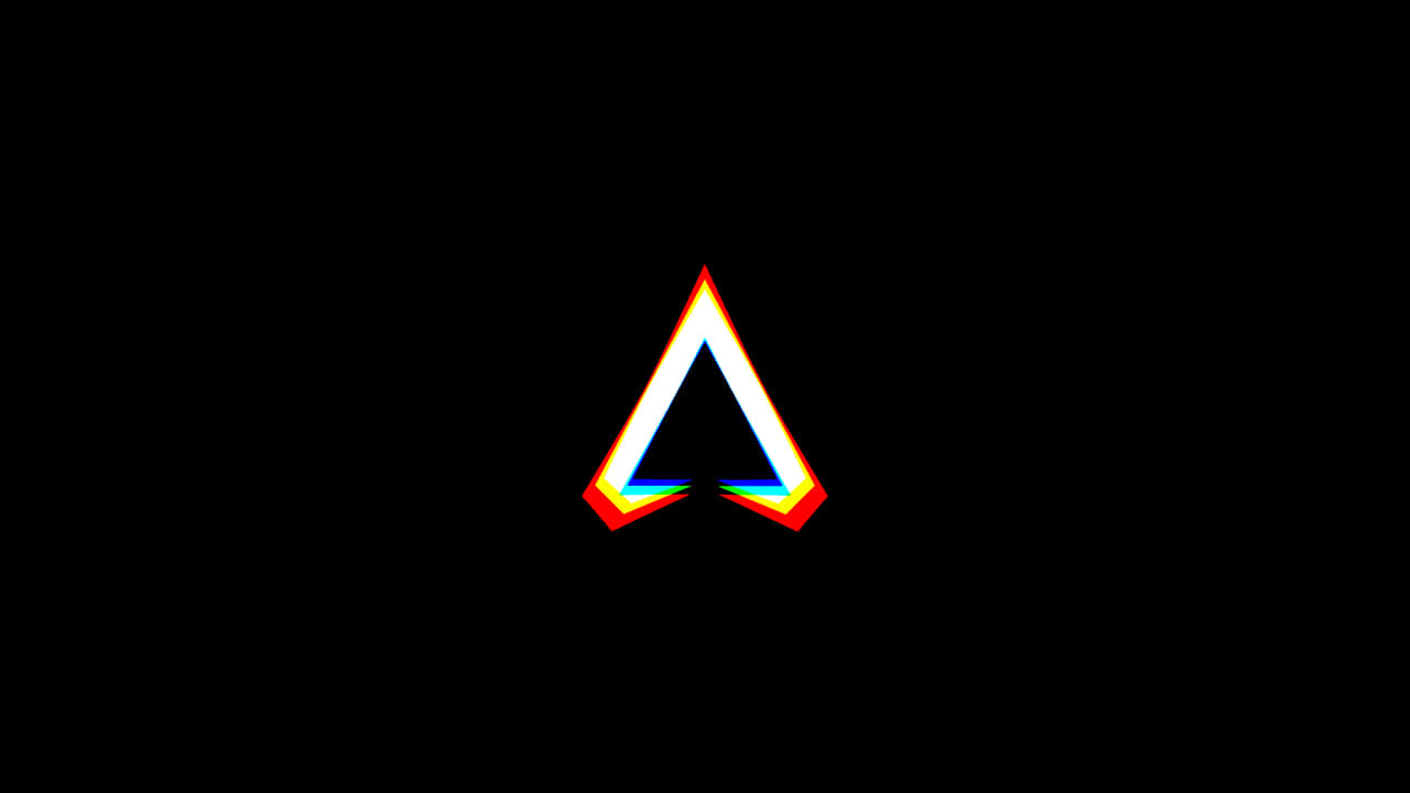 720p Apex Legends 桌布 壁紙 — 一個發光的彩虹色三角形標誌在純黑色背景上脈動，帶有數位故障效果。
