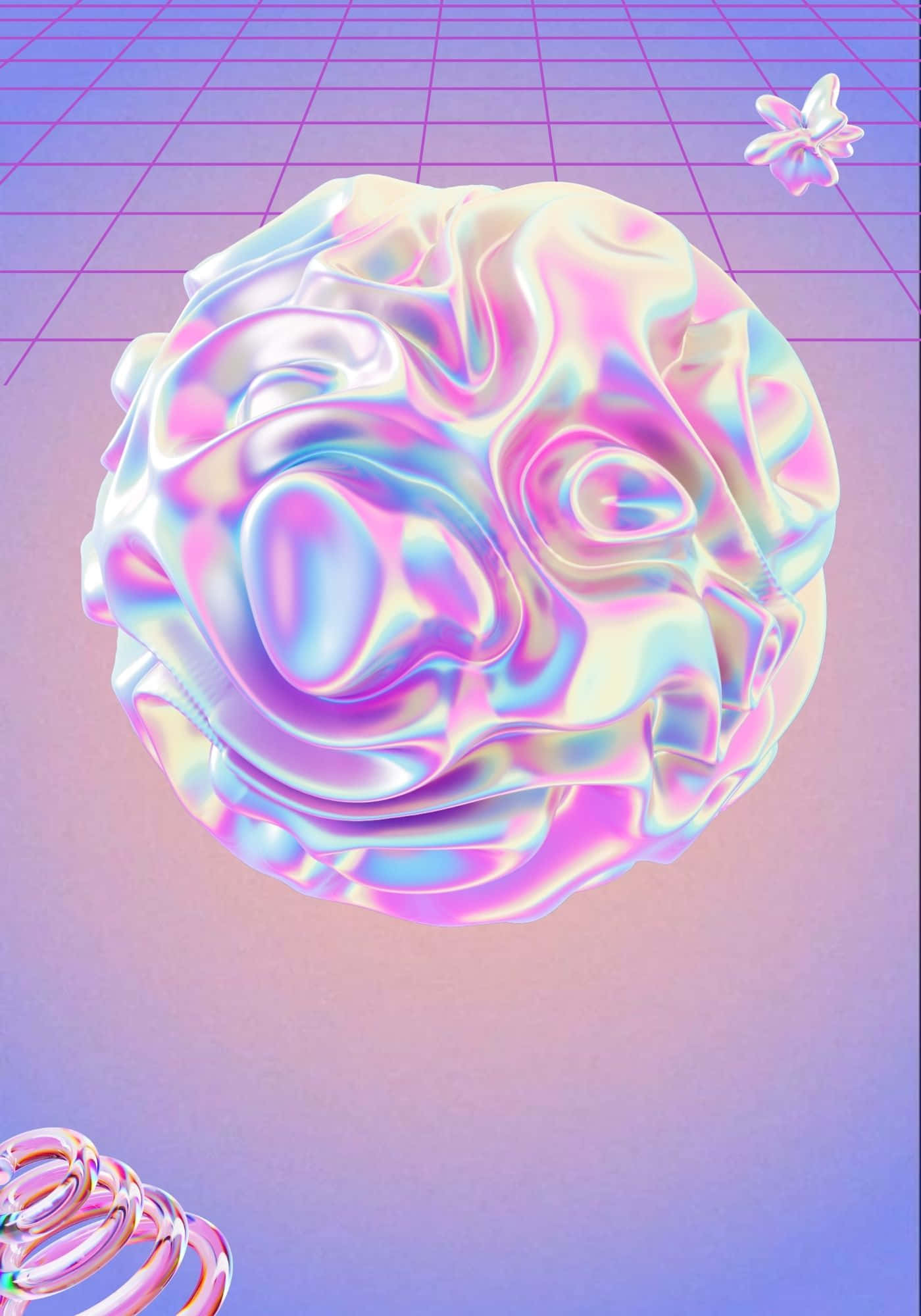 Iridescent 桌布 壁紙 — 一個發光的彩虹色球體，帶有流體褶皺，漂浮在紫色網格地板上，周圍有漂浮的抽象形狀。