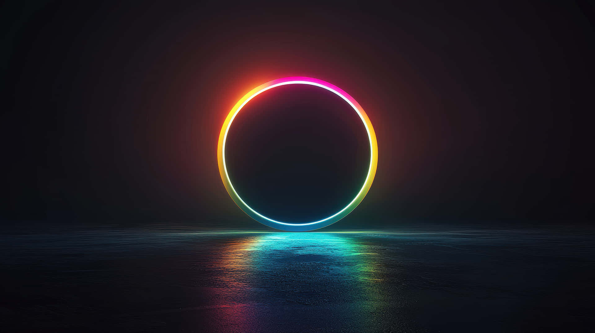 A futuristic glowing neon ring emitting vibrant colors against black background 壁紙 — 一個發光的彩虹色霓虹環漂浮在反光的黑暗表面上，投射出鮮豔的光譜反射。