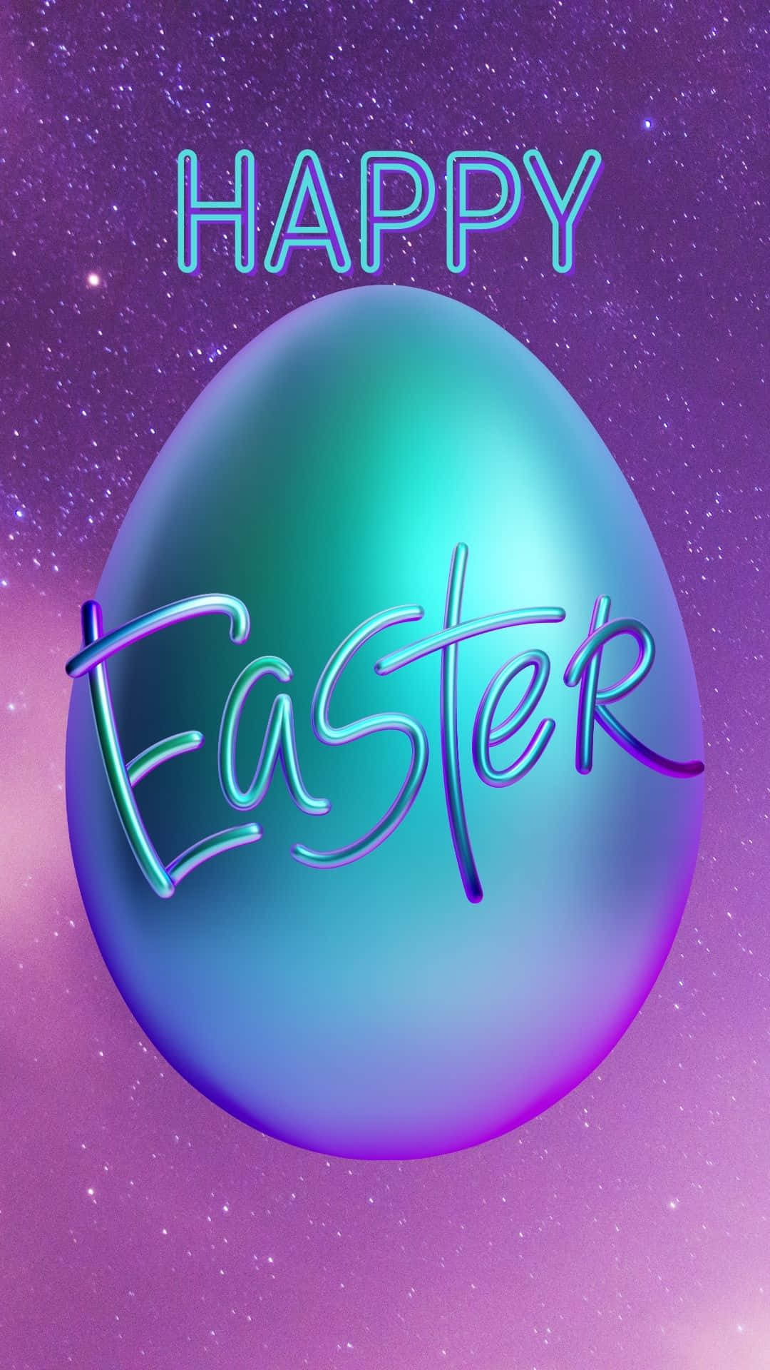 Easter Egg 桌布 壁紙 — 一個發光的復活節彩蛋，帶有霓虹字體，漂浮在繁星點點的紫色銀河背景上。