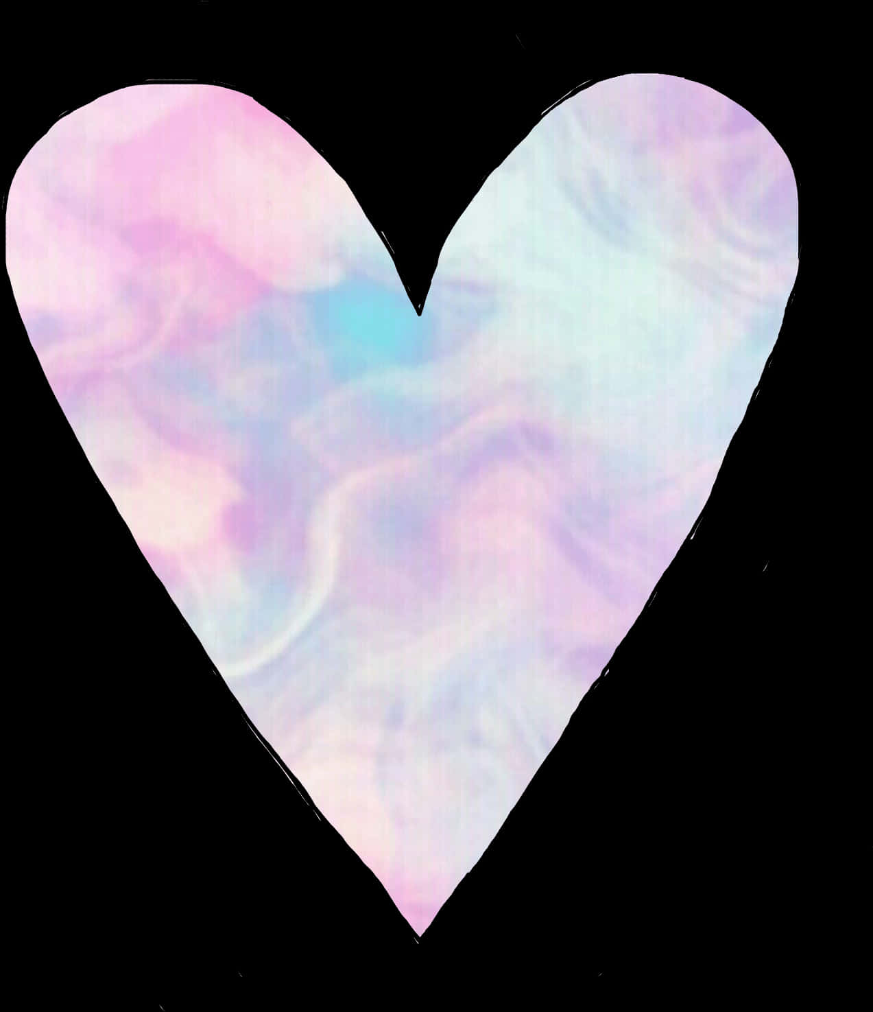 Heart Tumblr 桌布 壁紙 — 一個發光的心形，充滿柔和的粉紅、藍色和薰衣草色漩渦，襯托在純黑背景上。