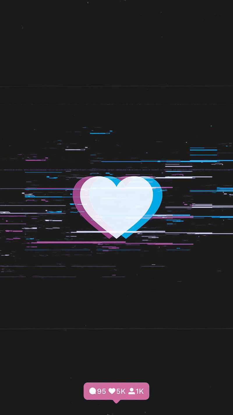 Cute Instagram 桌布 壁紙 — 一個發光的心形圖標在帶有彩色數位故障效果的黑色螢幕上脈動。