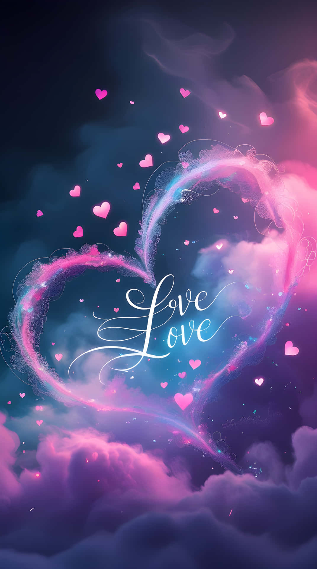 Love background wallpaper 壁紙 — 一個發光的愛心形狀光環，帶有旋轉的粉紅色和藍色光芒，漂浮在雲層之上，周圍環繞著漂浮的粉紅色愛心和草書的「love」字樣。