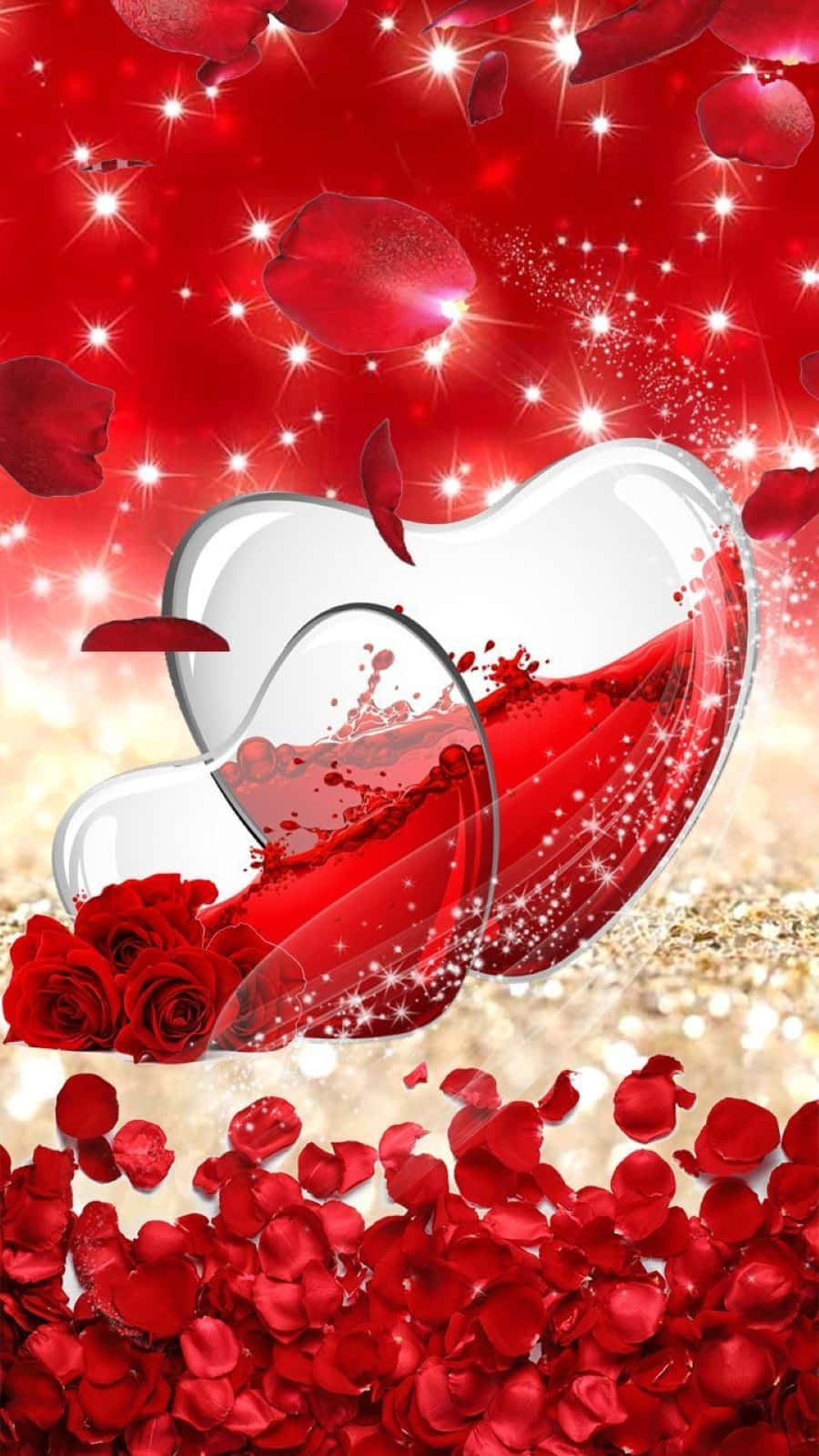 Rose Heart 桌布 壁紙 — 一個發光的愛心形玻璃容器，在閃爍的紅色背景上，將鮮紅色的液體倒在盛開的玫瑰和漂浮的花瓣上。