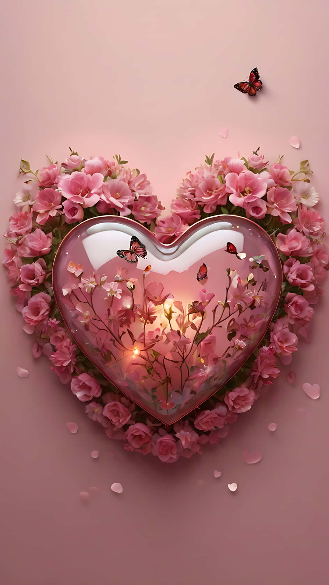 Romantic Valentine's Day Heart Art wallpaper 壁紙 — 一個發光的愛心形玻璃球，裡面裝滿粉紅色的花朵和蝴蝶，周圍環繞著粉紅玫瑰的花環，背景是柔和的粉紅色。