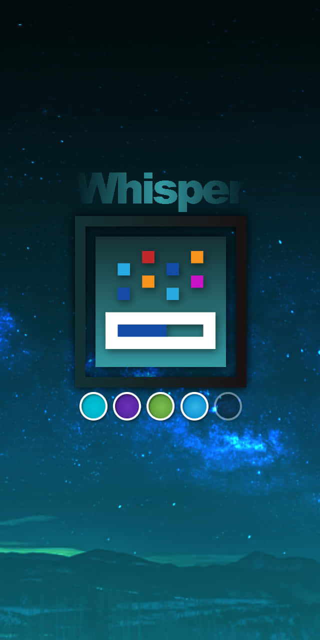 電玩遊戲 桌布 壁紙 — 一個發光的應用程式圖示，標有 Whisper，漂浮在星空宇宙背景上，帶有彩色圓點和進度條。