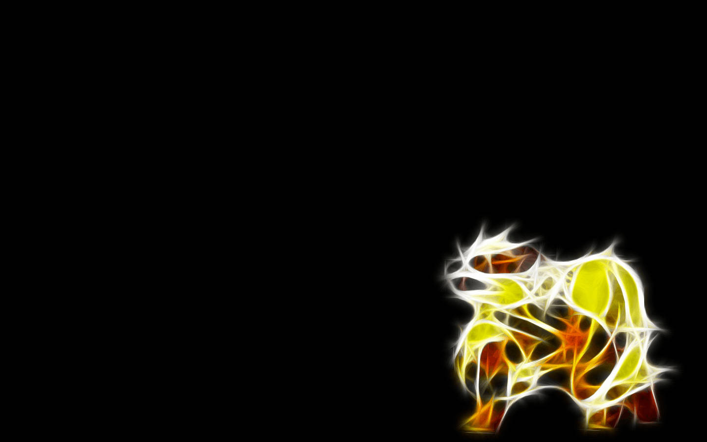 Arcanine 桌布 壁紙 — 一個發光的抽象生物，帶有火熱的黃色和橙色色調，在純黑色背景上浮現。