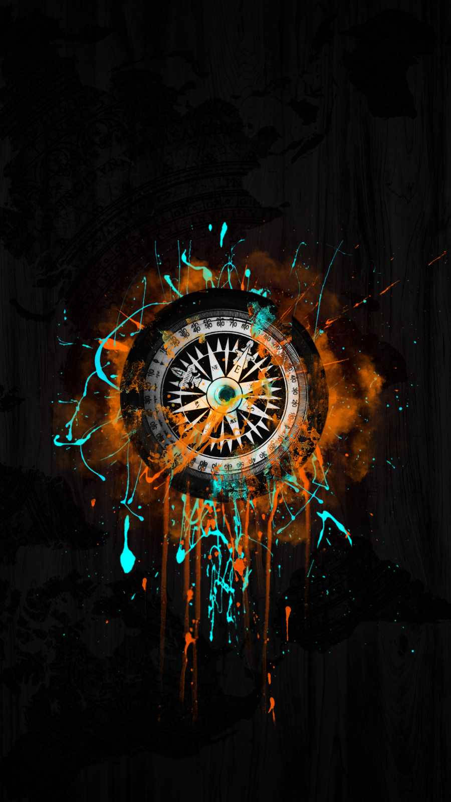 Compass 桌布 壁紙 — 一個發光的指南針，周圍環繞著鮮豔的橙色和青色油漆飛濺，背景為深色紋理。