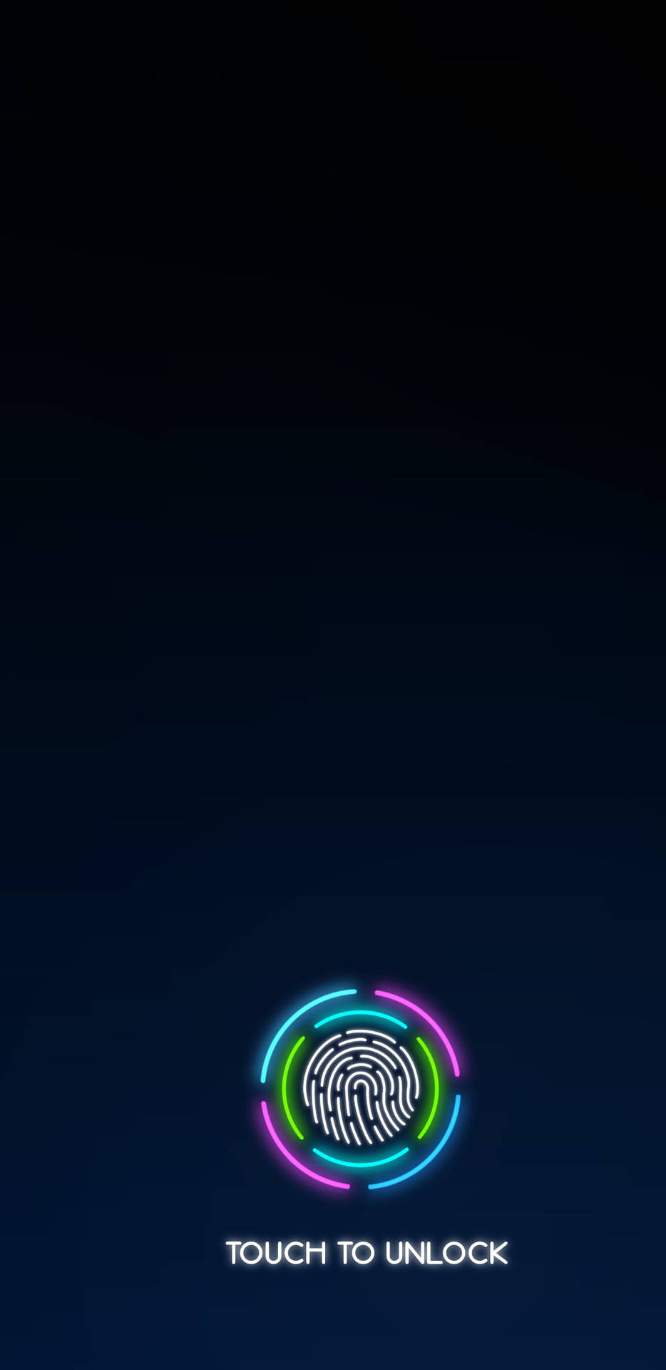 霓虹指紋掃描器，在深色背景上發出彩虹光芒，用於 touch to unlock。 — 2k GIF 壁紙