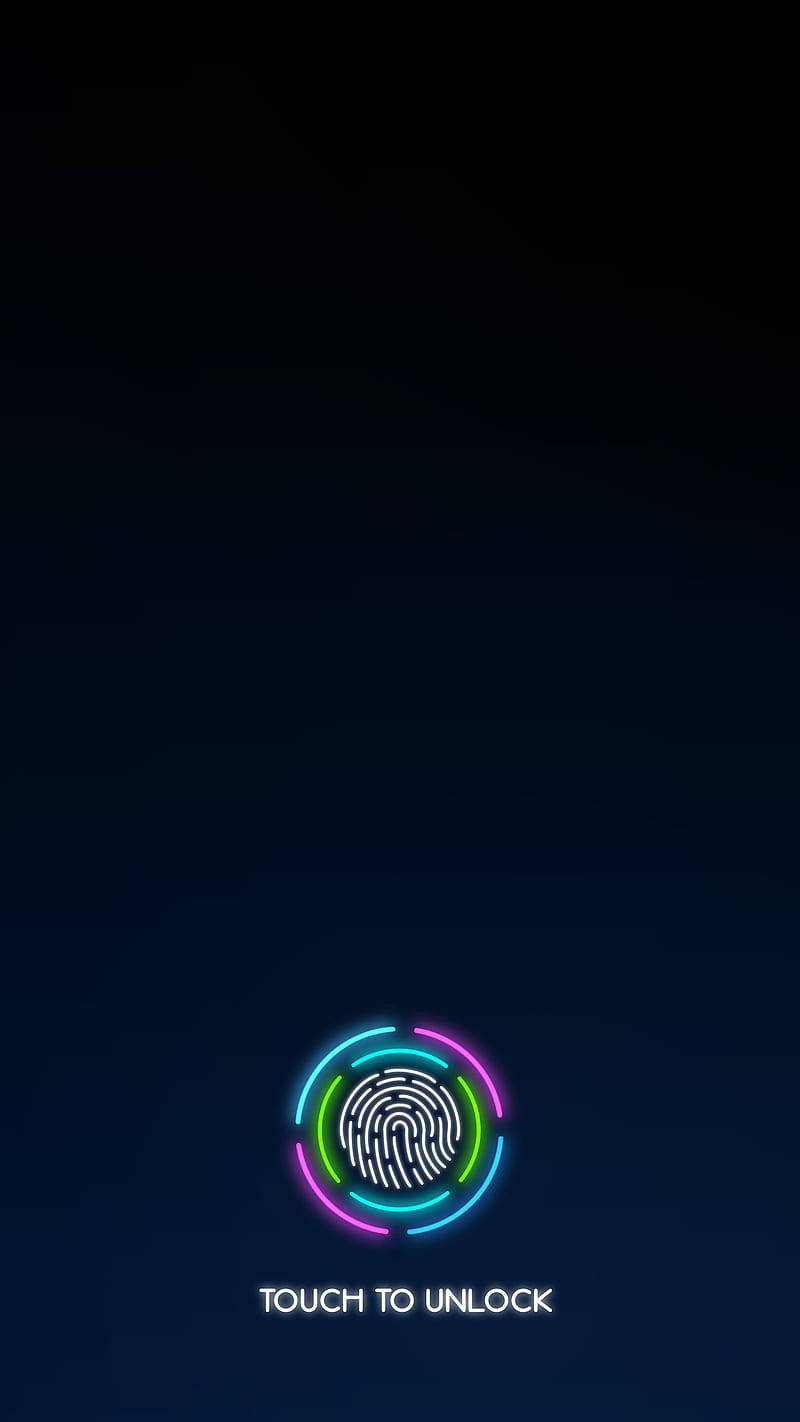 iPhone 桌布 壁紙 — 一個發光的指紋掃描器帶有霓虹環，在深色漸變背景上脈動，並帶有 touch to unlock 文字。