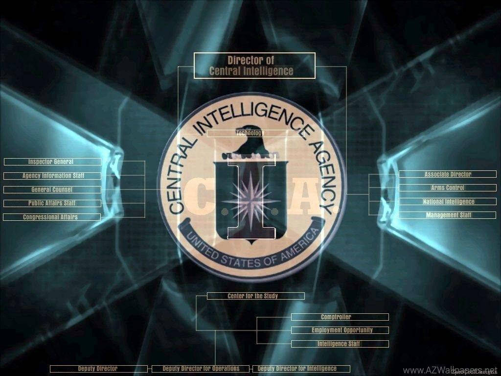 Cia 桌布 壁紙 — 一個發光的數位介面在黑暗的未來主義環境中顯示CIA標誌，周圍環繞著組織圖表框。