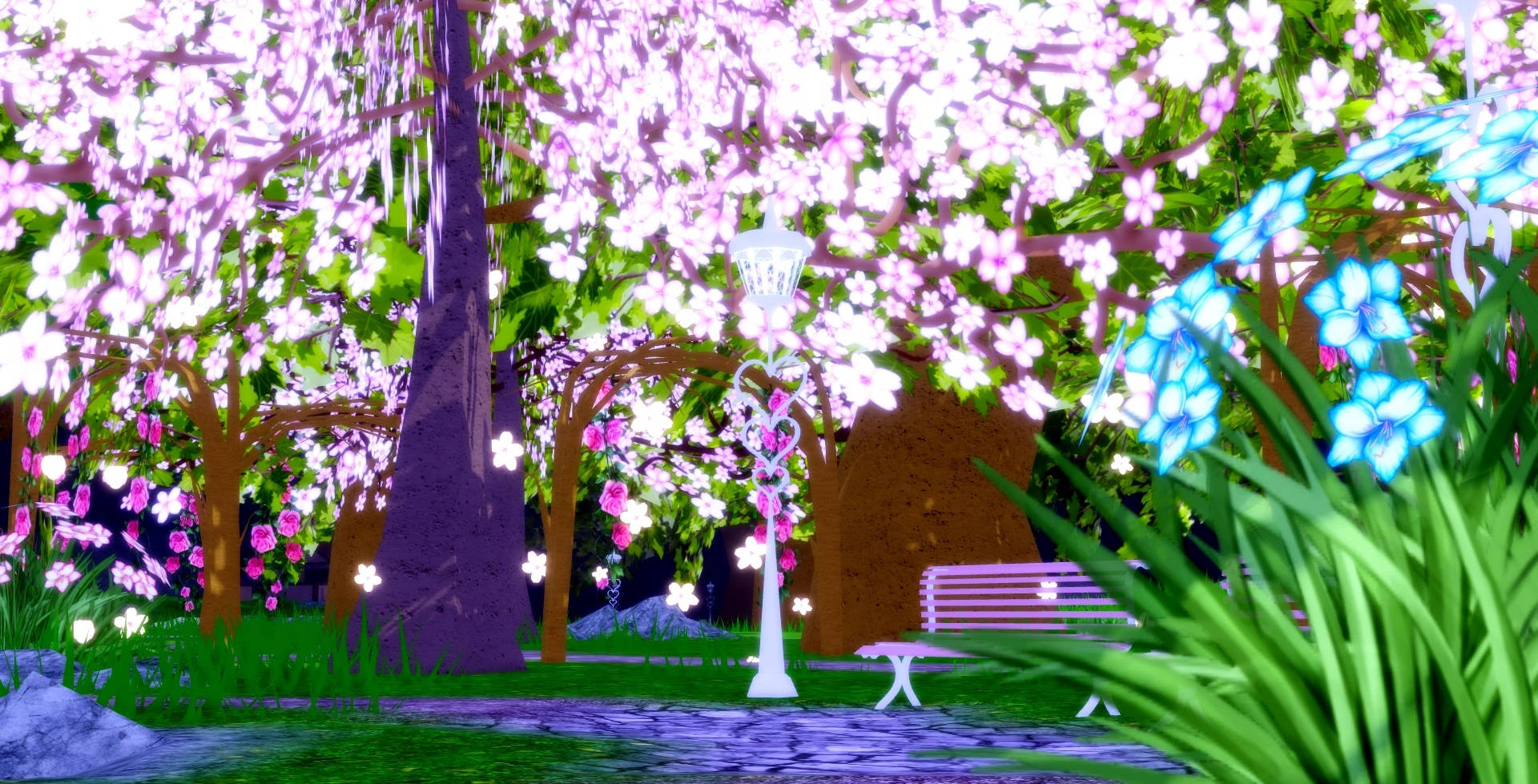 high 桌布 壁紙 — 一個發光的數位公園場景，有櫻花樹、粉紅色花朵和藍色發光花朵在路燈下。