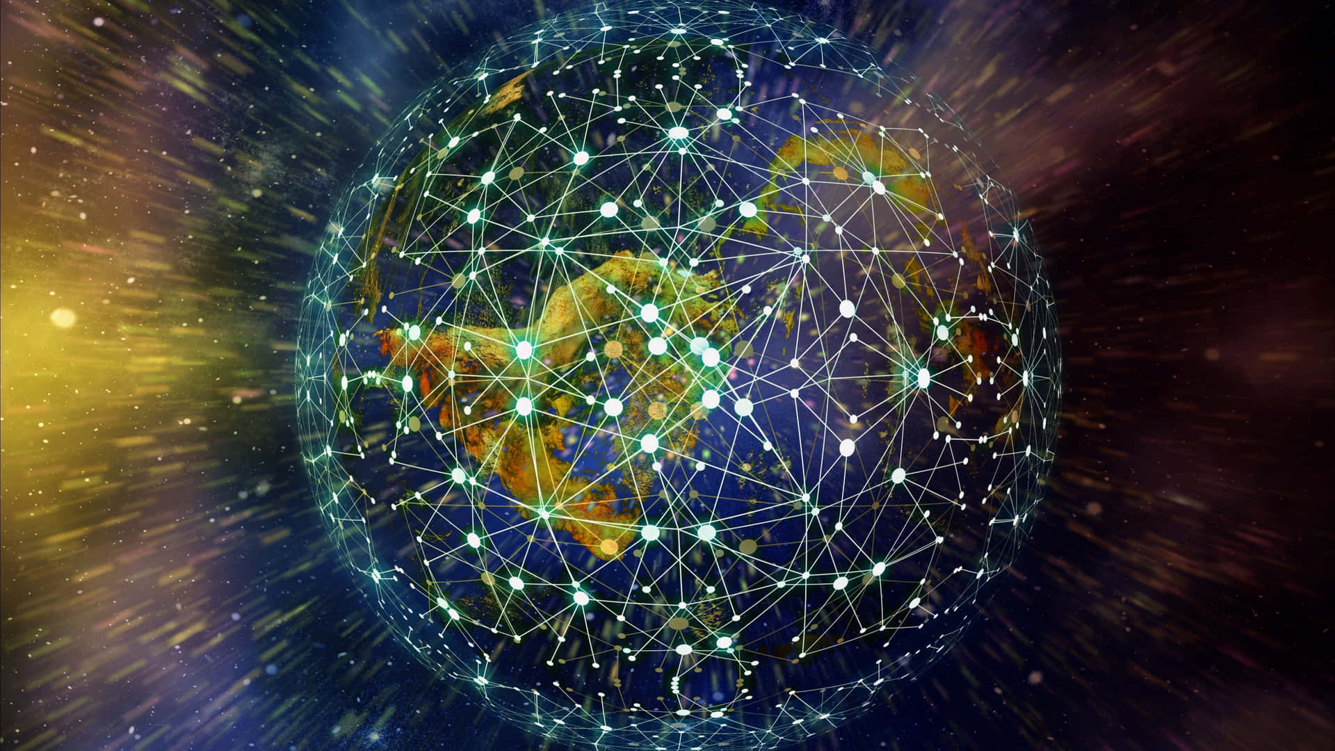 太空 桌布 壁紙 — 一個發光的數位地球儀，帶有相互連接的節點，穿過宇宙星場，帶有金色光線。