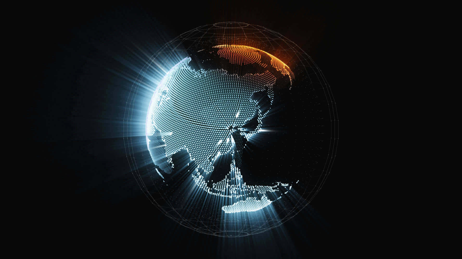 World 桌布 壁紙 — 一個發光的數位地球儀，表面散發出藍色和橙色的光束，背景為深色。