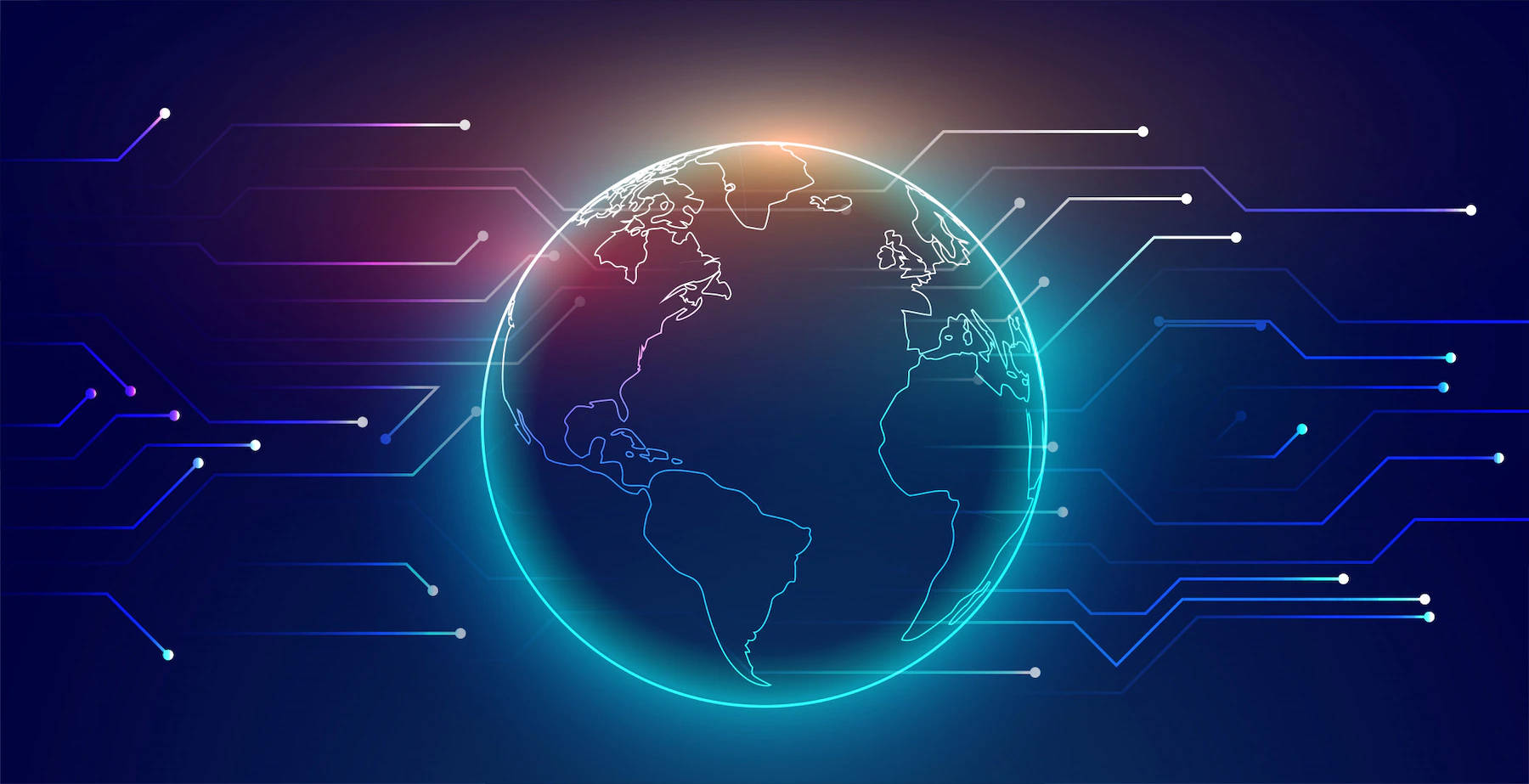 globe 桌布 壁紙 — 一個發光的數位地球儀，被霓虹電路線包圍，背景為深藍色。