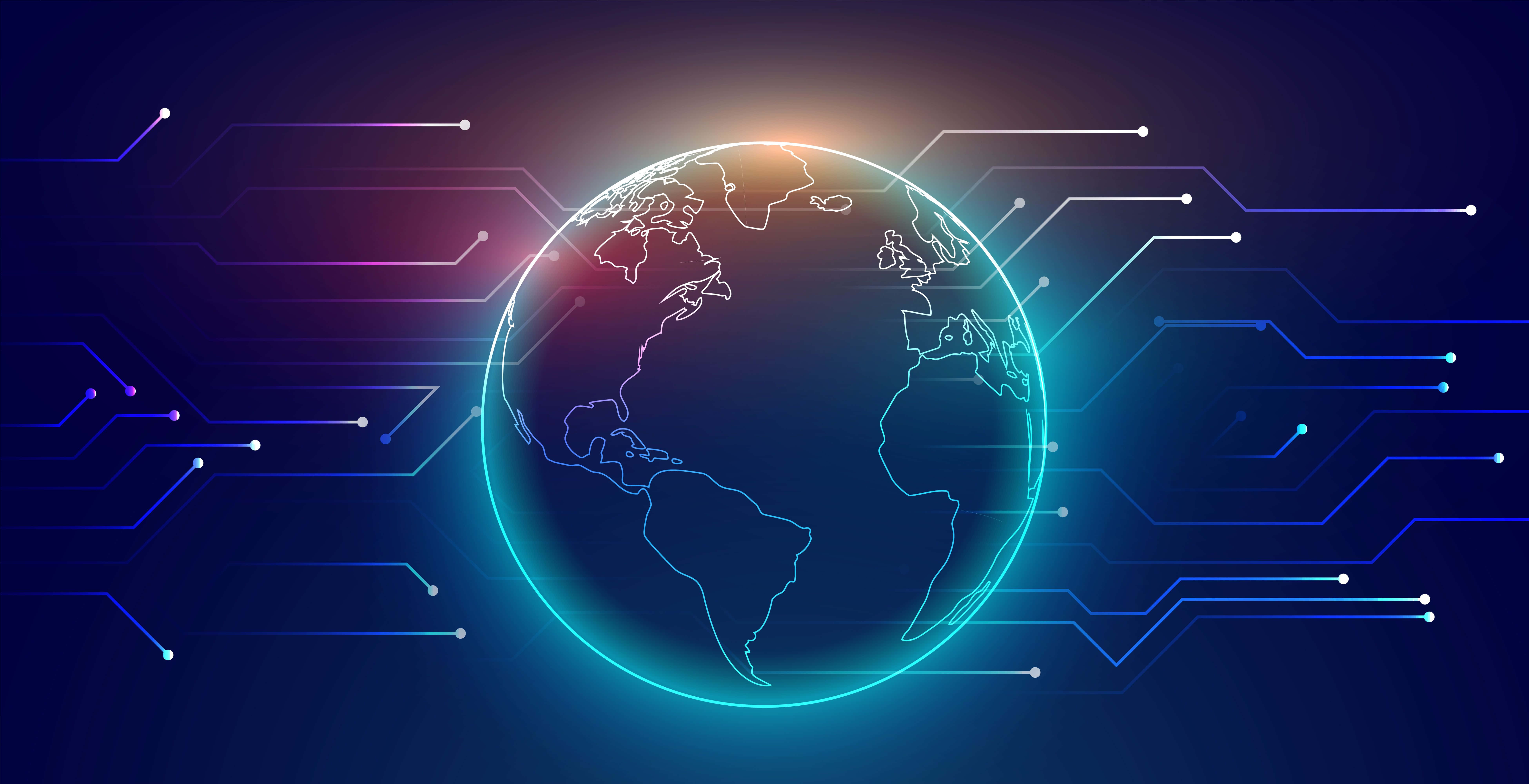 Global 桌布 壁紙 — 一個發光的數位地球儀，被霓虹電路線包圍，背景為深藍色漸變。