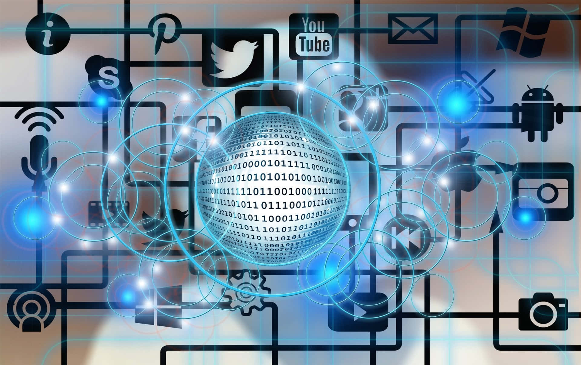 Social Media Icons 桌布 壁紙 — 一個發光的數位地球儀，覆蓋著二進位代碼，周圍環繞著發光的藍色電路和社交媒體圖示。