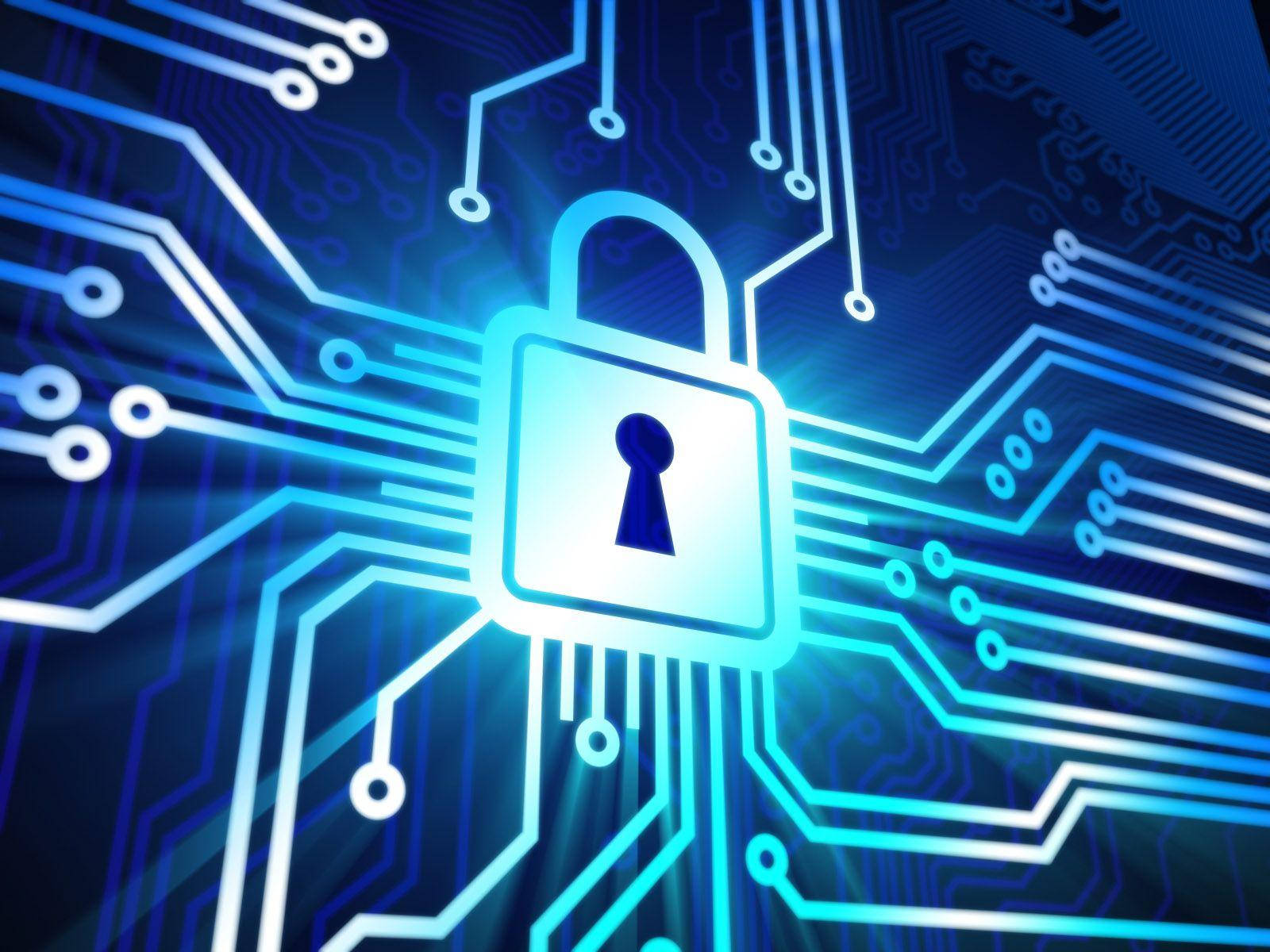security 桌布 壁紙 — 一個發光的數位掛鎖，置中於藍色電路板上，並從鎖孔散發出輻射光線。