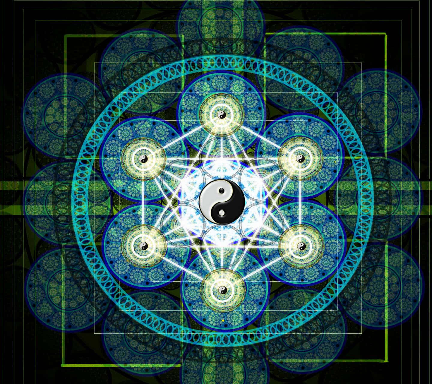 Sacred Geometry 桌布 壁紙 — 一個發光的數位曼陀羅，中央有陰陽圖案，周圍環繞著青綠色和綠色的發光幾何圖案和同心圓。