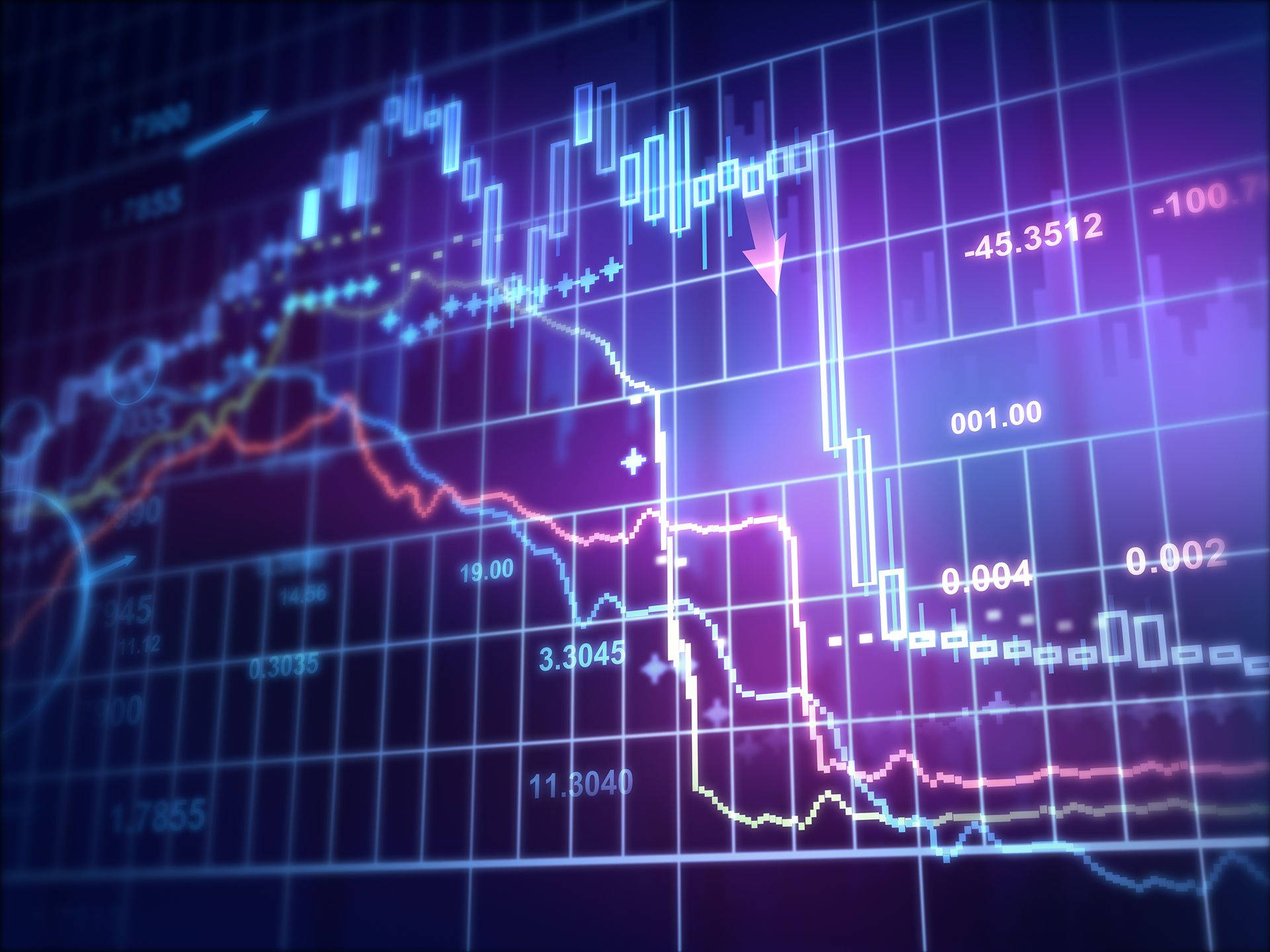 Market 桌布 壁紙 — 一個發光的數位股票圖表，帶有下降的線條和箭頭，背景為紫色網格。